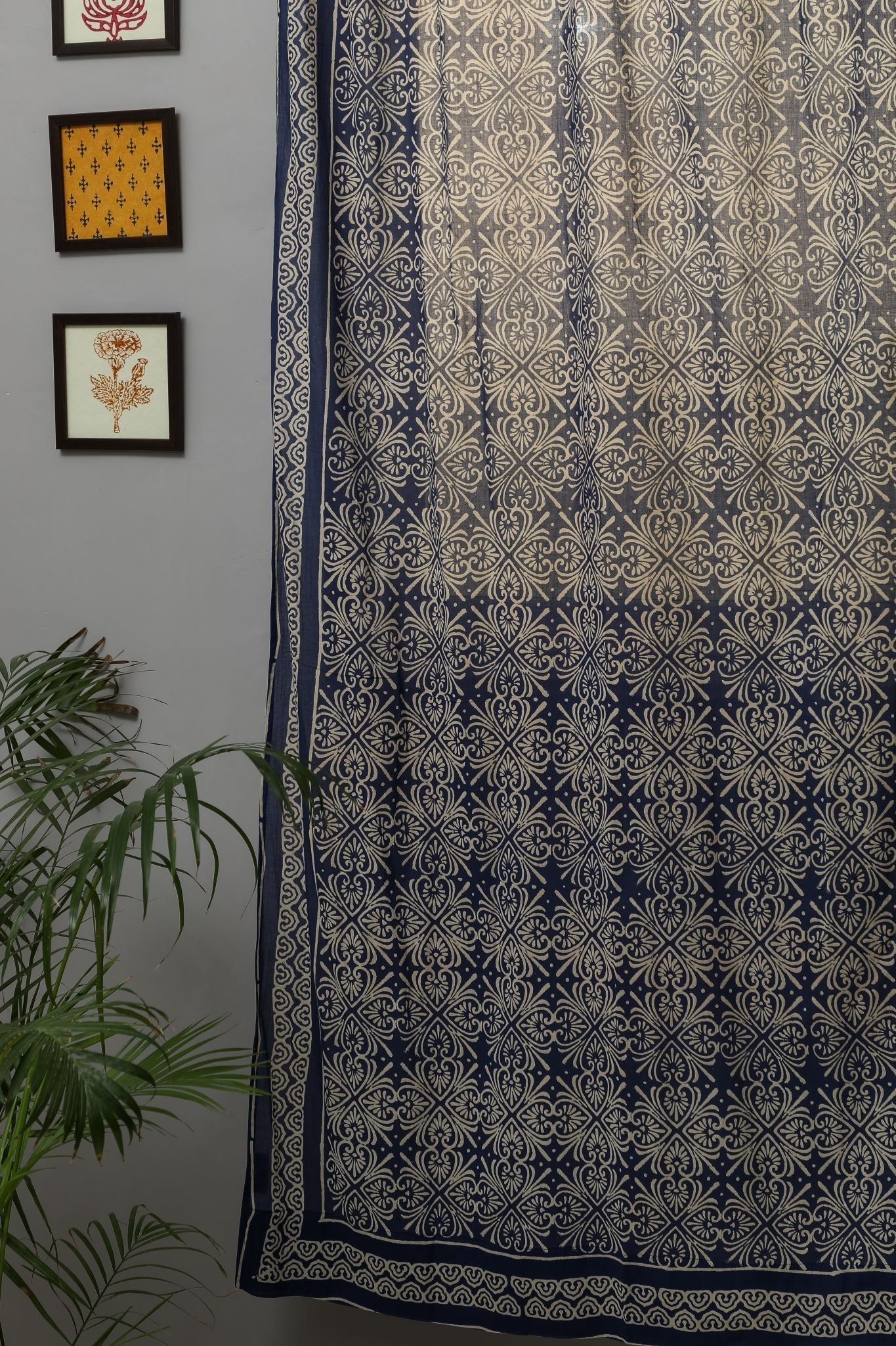 Handblock Printed Cotton Door Curtain 'Iris' by SootiSyahi - Traditional Indian Home Decor for Living Room, Bedroom & Entryway