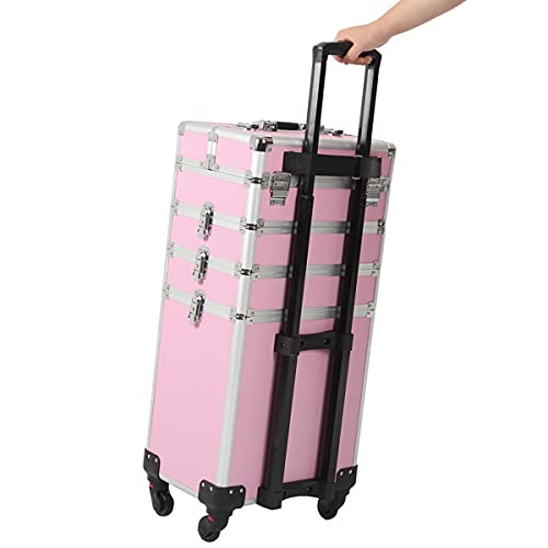 4 in 1 Rolling Portable Makeup Storage Box - Large Cosmetic Organizer Train Case with Wheels for Women & Girls | Travel, Salon, Home & Professional Makeup Artist Use