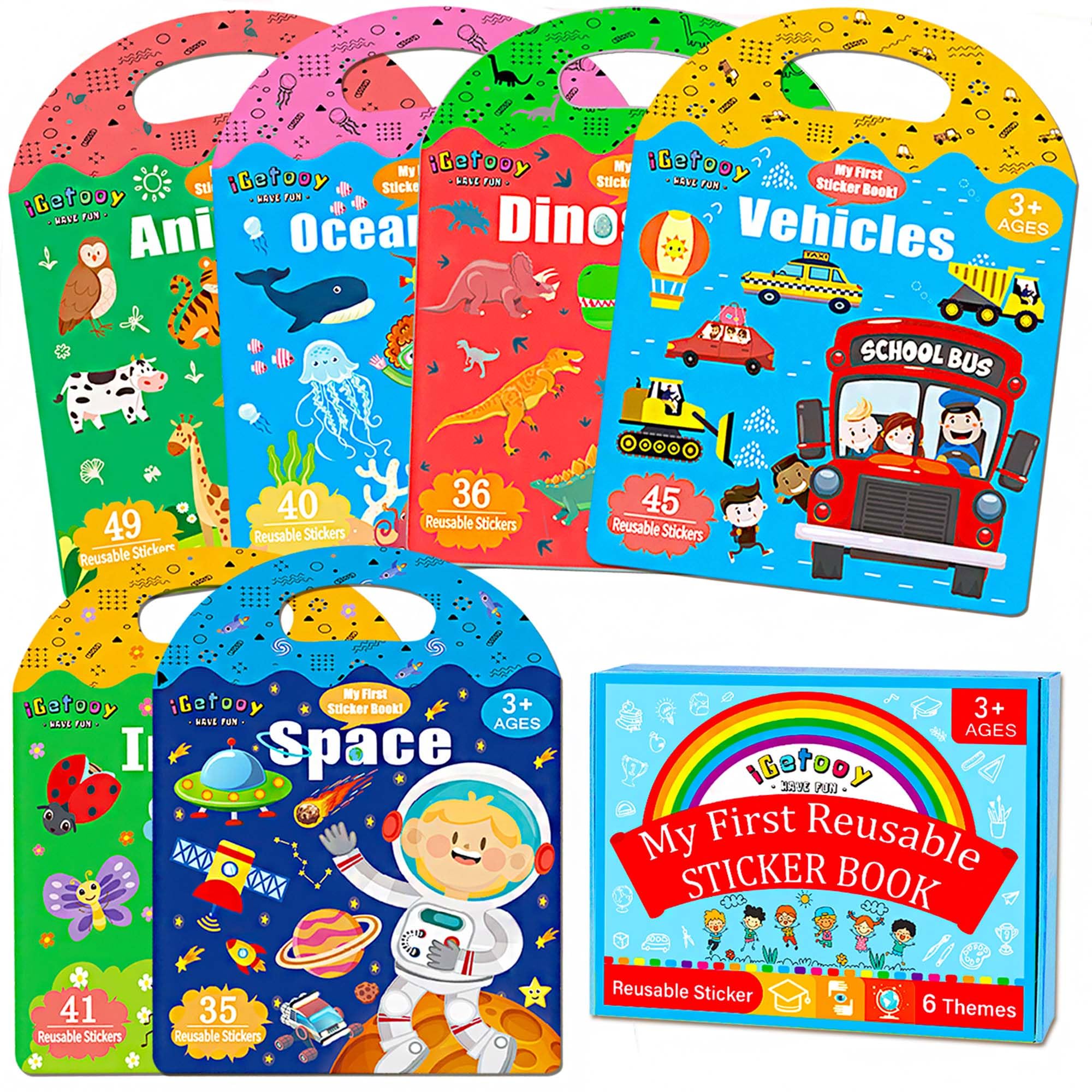 6 Sets Reusable Sticker Books for Toddlers 1-3 Years Old | 246 Pcs Kids Stickers | Airplane Travel Essentials & Learning Toys for Boys & Girls | Perfect for Road Trips, Flights & Quiet Playtime