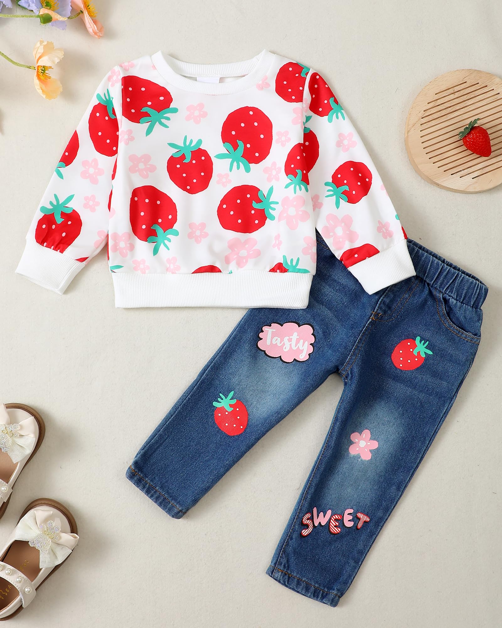 Kucnuzki Toddler Baby Girl Outfit - Long Sleeve Hoodie Crewneck Sweatshirt & Denim Jeans Set for Fall Winter | Cute Casual Playdate & Family Photo Outfits