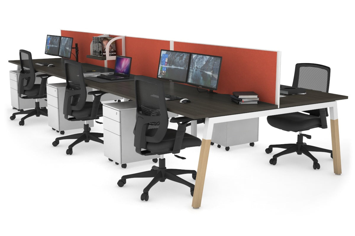 6-Person Office Workstation with Quadro A Legs & Wood Cross Beam - 1800L x 800W with Cable Management Scallop | Ideal for Collaborative Workspaces & Modern Offices