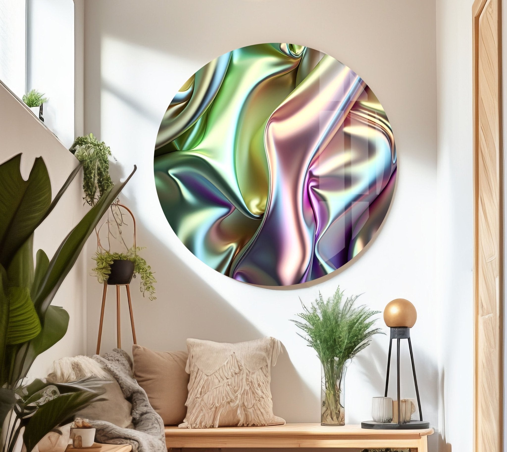 Abstract Iridescent Glass Wall Art - Modern Handmade Home Decor for Living Room, Bedroom & Office - Unique Shimmering Light Reflection Decorative Piece