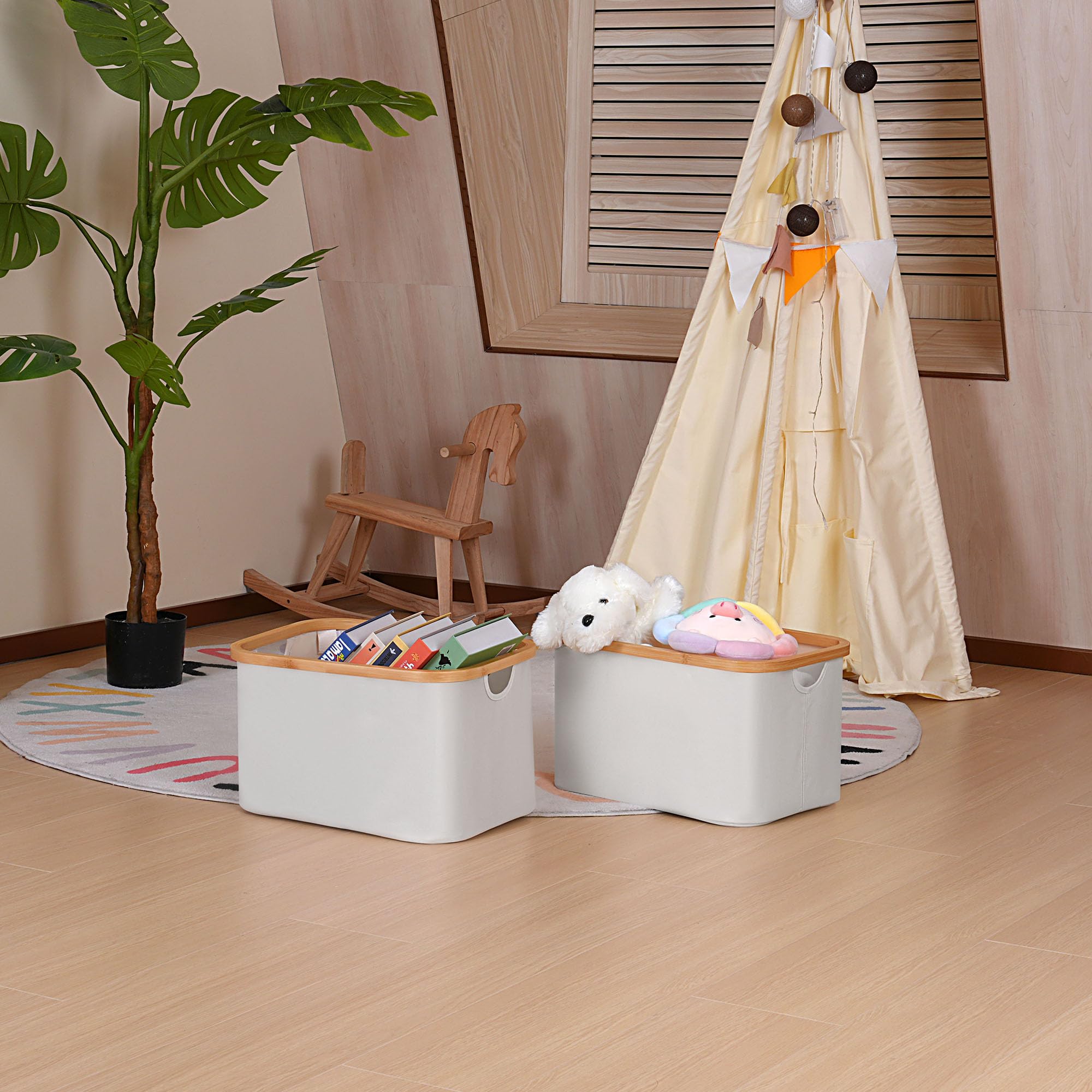 2-Pack Collapsible Storage Baskets with Bamboo Handles - Foldable Rectangle Closet Organizer for Toys, Books, Shelves & Wardrobe - Light Grey Home Organization Solution for Bedroom, Nursery & Office