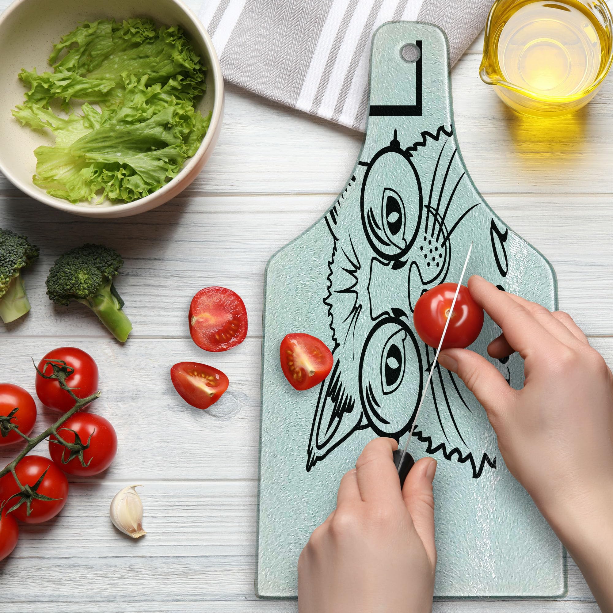 Lunarable Cat-Themed Tempered Glass Cutting Board - Hipster Kitty in Glasses Design, Black & White Wine Bottle Shape for Serving & Decor | Perfect for Kitchen, Dining, and Gift Giving