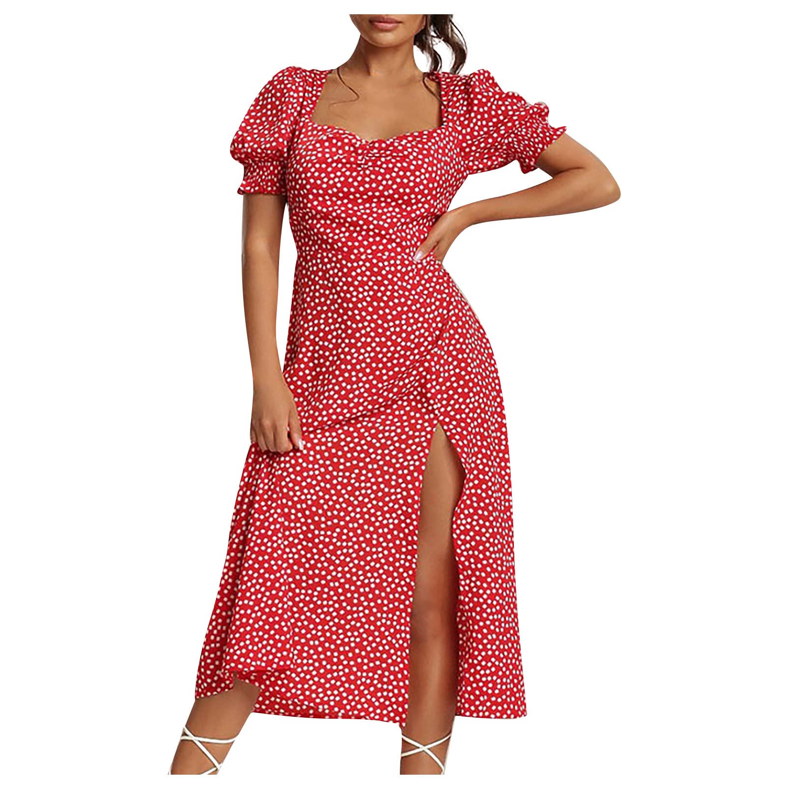 Women's Floral Cocktail Dress Summer Casual Puff Sleeve Slit Midi Skirt - Perfect for Garden Parties, Date Nights & Summer Weddings