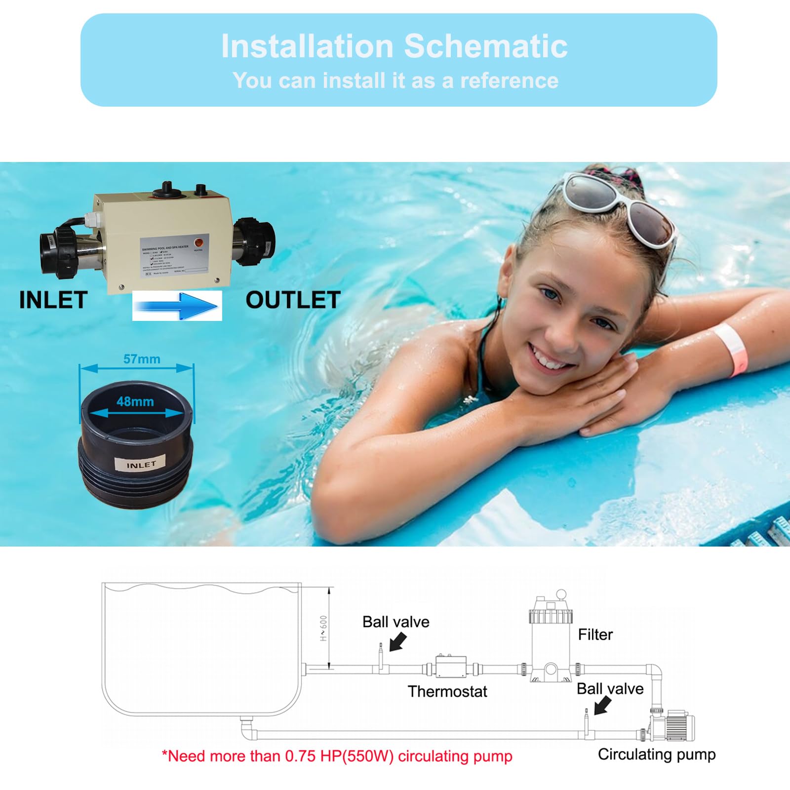 220V 3KW Electric Pool Heater with Digital Thermostat & Touch Display - Energy Efficient Swimming Pool Water Heater for Spas, Bathtubs, Inground & Above Ground Pools - Perfect for Backyard, Vacation Homes & Resorts