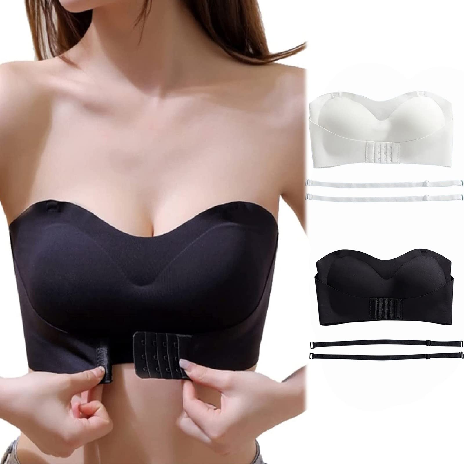 Strapless Bras for Women - Bandeau Bras Wirefree Non-Slip Push Up (1-3 Pack) Seamless Invisible Bralettes & Tube Tops | Perfect for Backless Dresses, Summer Tops & Everyday Comfort