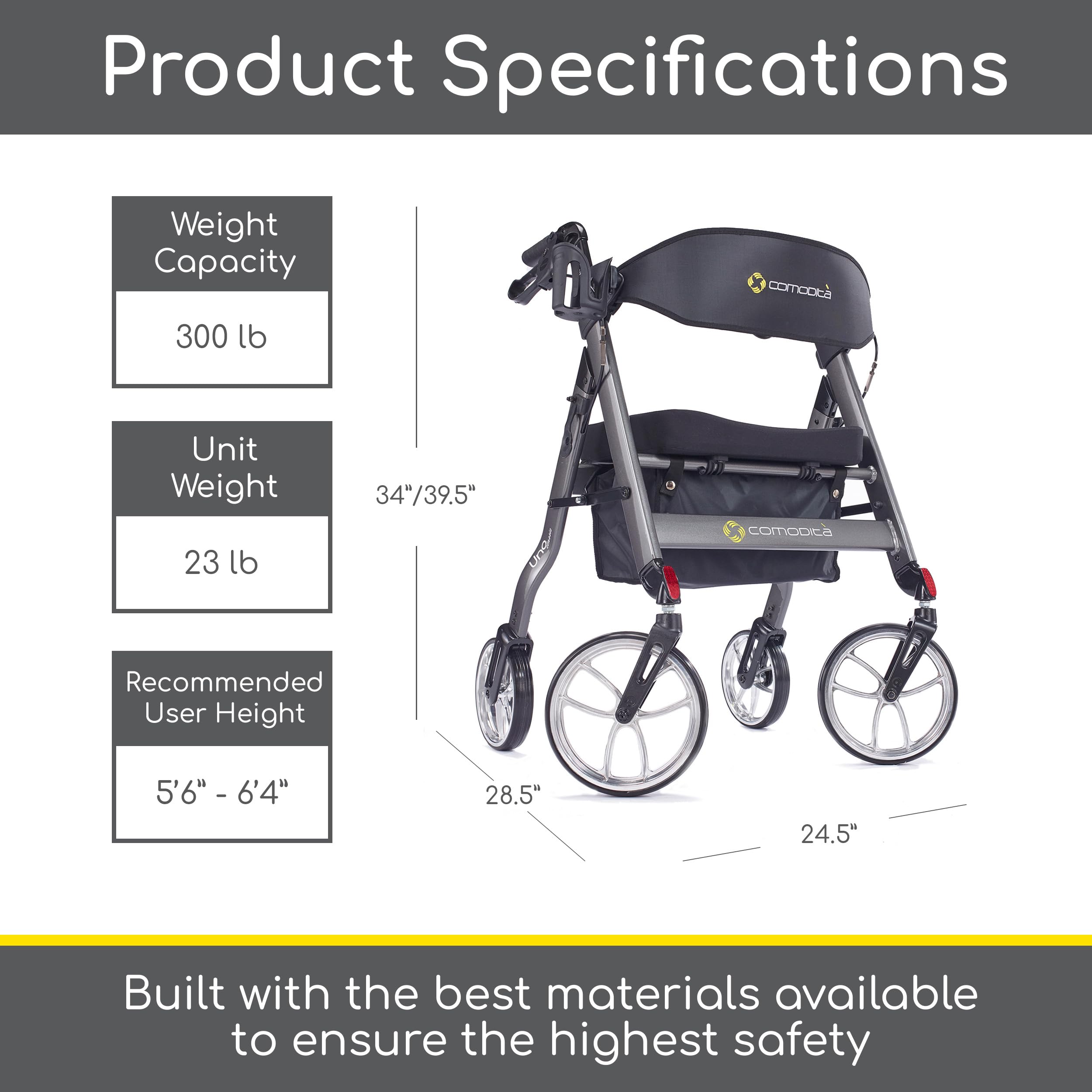 Comodità Uno Classic Rolling Walker - 4 Wheel Rollator with Extra Wide Orthopedic Seat & Hand Brakes for Adults & Seniors - Lightweight Foldable Mobility Aid for Indoor/Outdoor Use - Metallic Graphite