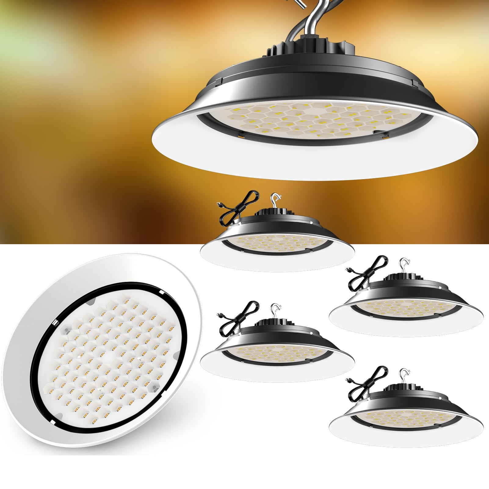 Lightdot LED High Bay Light with Reflector - 250W (344x1W LED) 37500LM Ultra Bright UFO Shop Light, 120° Beam Angle, AC100-277V, Plug-in Ready - Perfect for Warehouses, Factories & Gymnasiums - 4-Pack with 5-Year Warranty