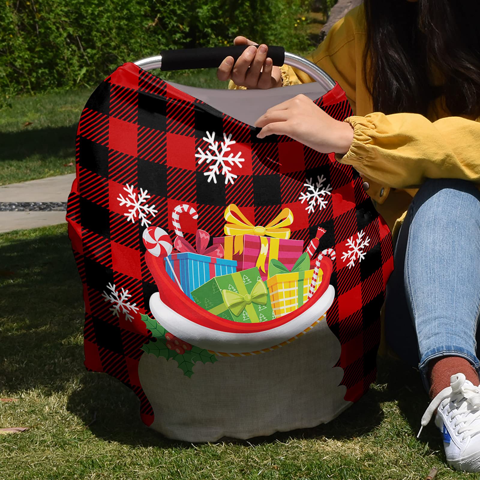 **Christmas Baby Car Seat Covers - Soft Stretchy Red Black Plaid Nursing & Breastfeeding Scarf - Universal Car Seat Canopy, Shopping Cart & Stroller Cover for Boys & Girls - Perfect Holiday Gift & Winter Travel Essential**