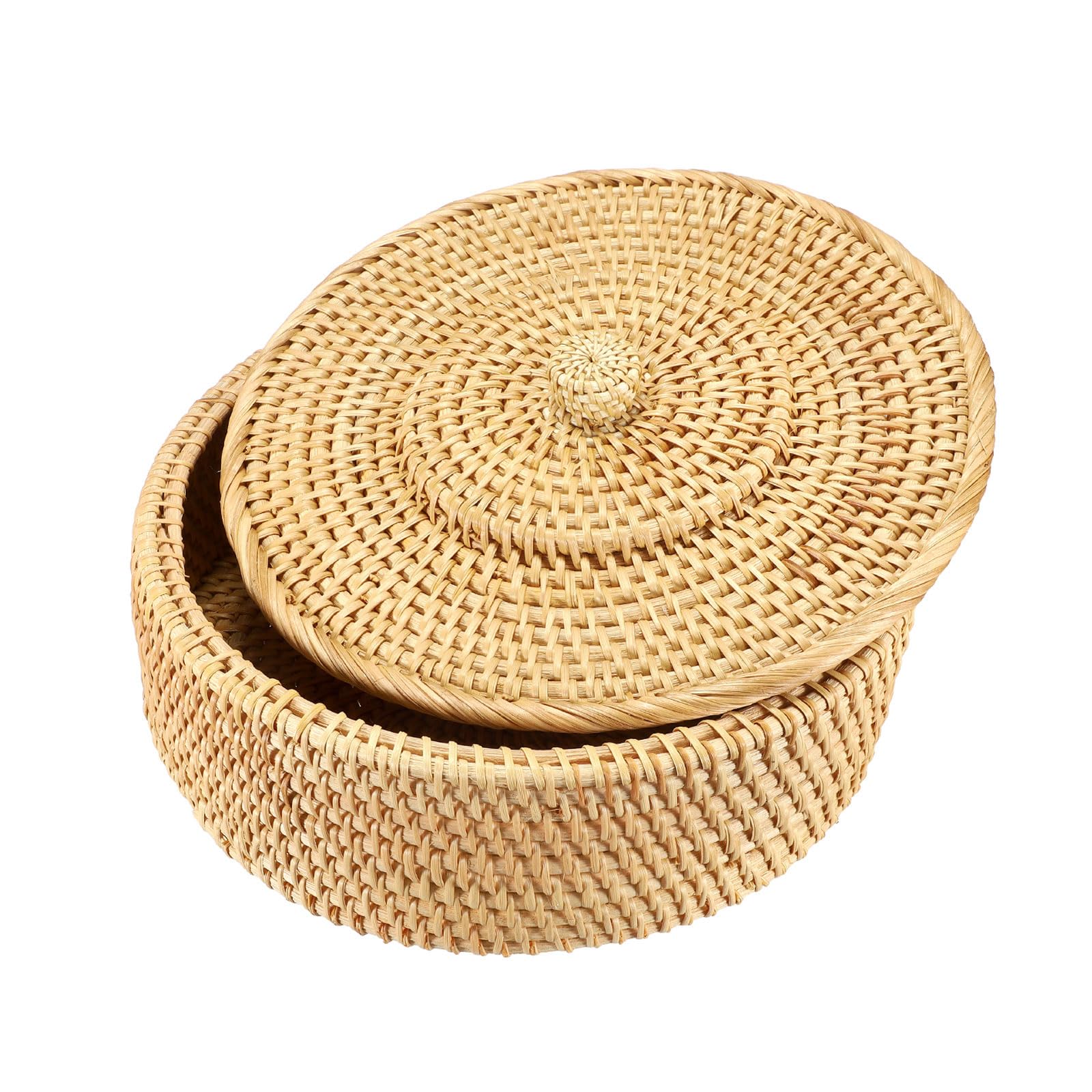 Round Rattan Basket with Lid - Small Wicker Storage for Home Decor