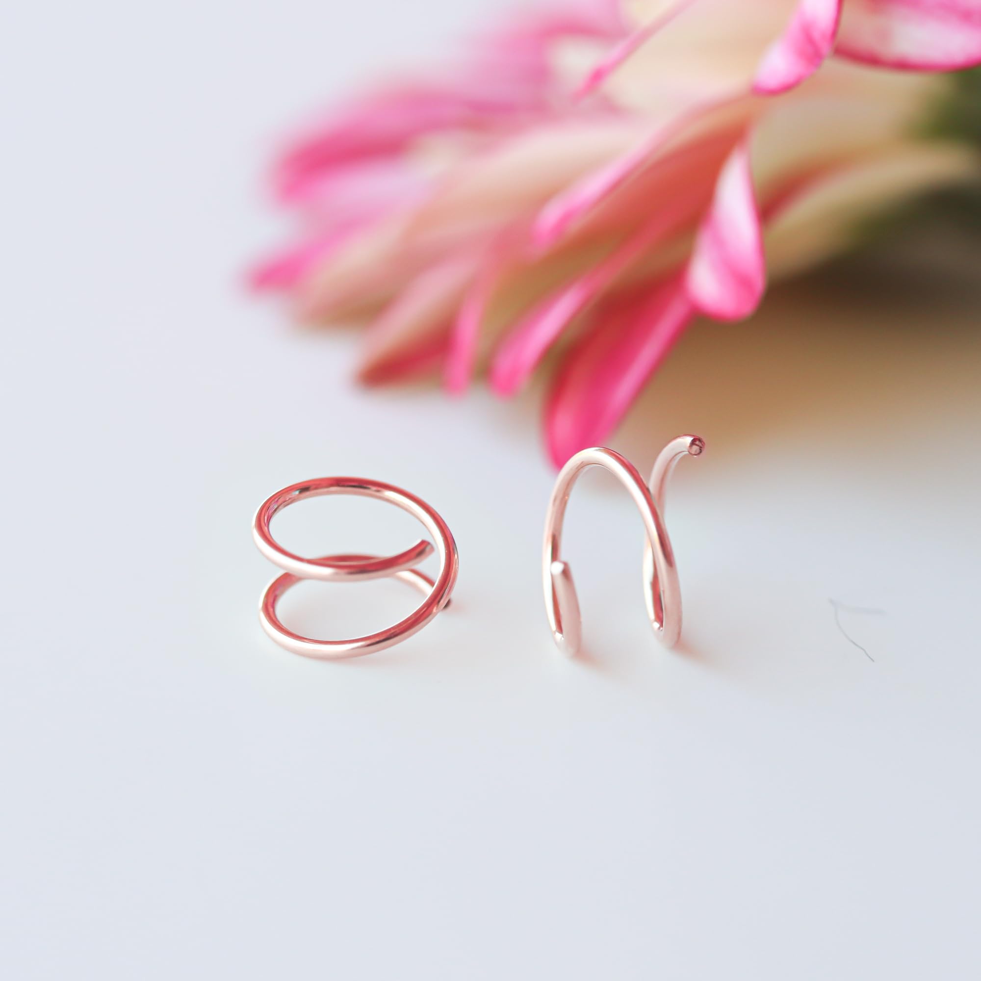 Rose Gold Nose Ring & Earring - Double Hoop Illusion Piercing Jewelry | Sterling Silver, 14K Gold Filled | Minimalist Spiral Design (Right Side) | Perfect Gift for Women & Teens | Everyday Wear, Parties & Special Occasions