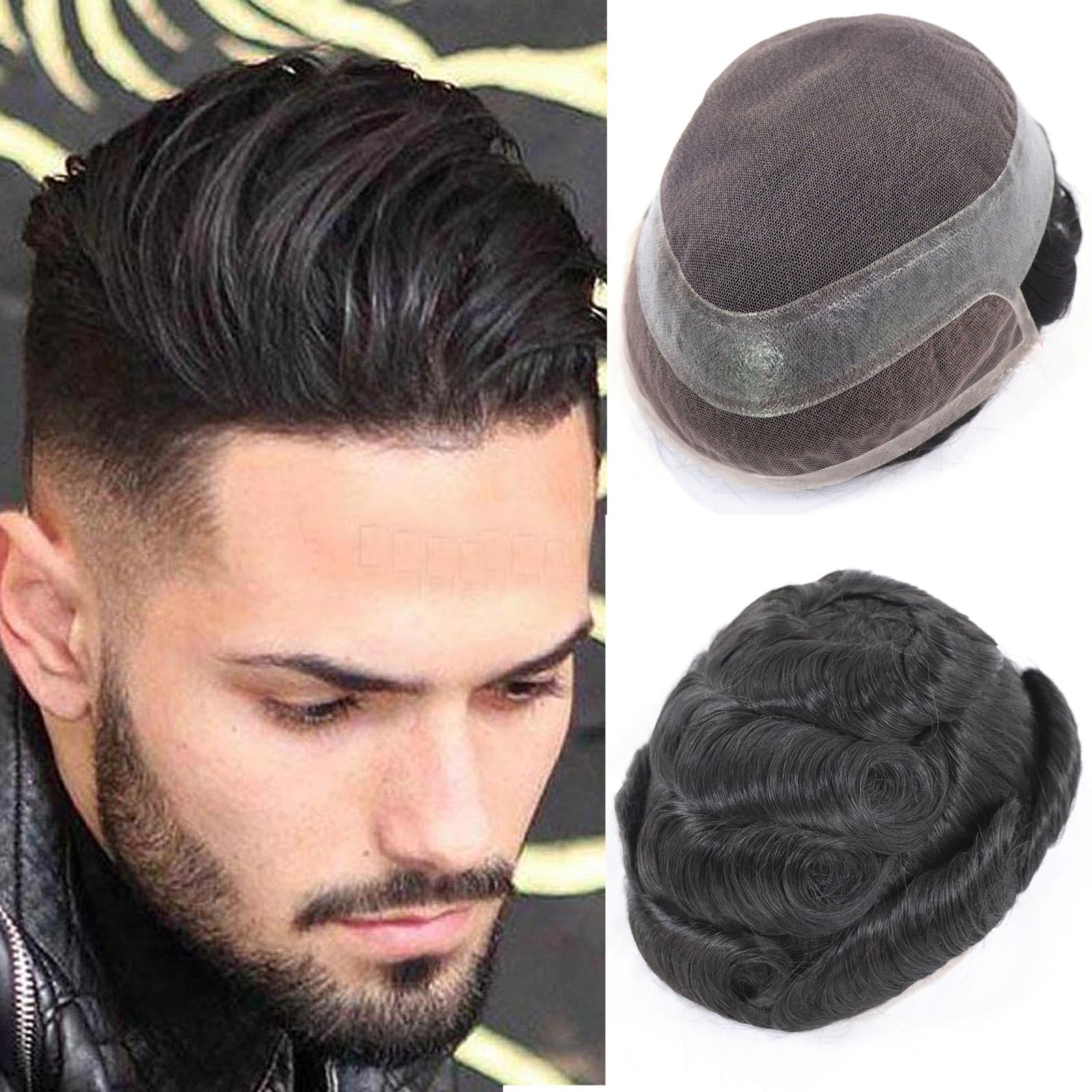 Men's Real Human Hair Toupee - Breathable Thin Skin Swiss Lace Hair Replacement System (8x10inch, #1B Off Black) | Medium Light Density Hairpiece for Natural Look | Perfect for Daily Wear, Special Occasions & Hair Loss Solutions