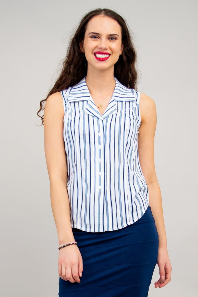Lexa Tank Top - Indigo Stripe Bamboo Linen Blend Women's Shirt - Perfect for Yoga, Beachwear & Summer Casual Outfits