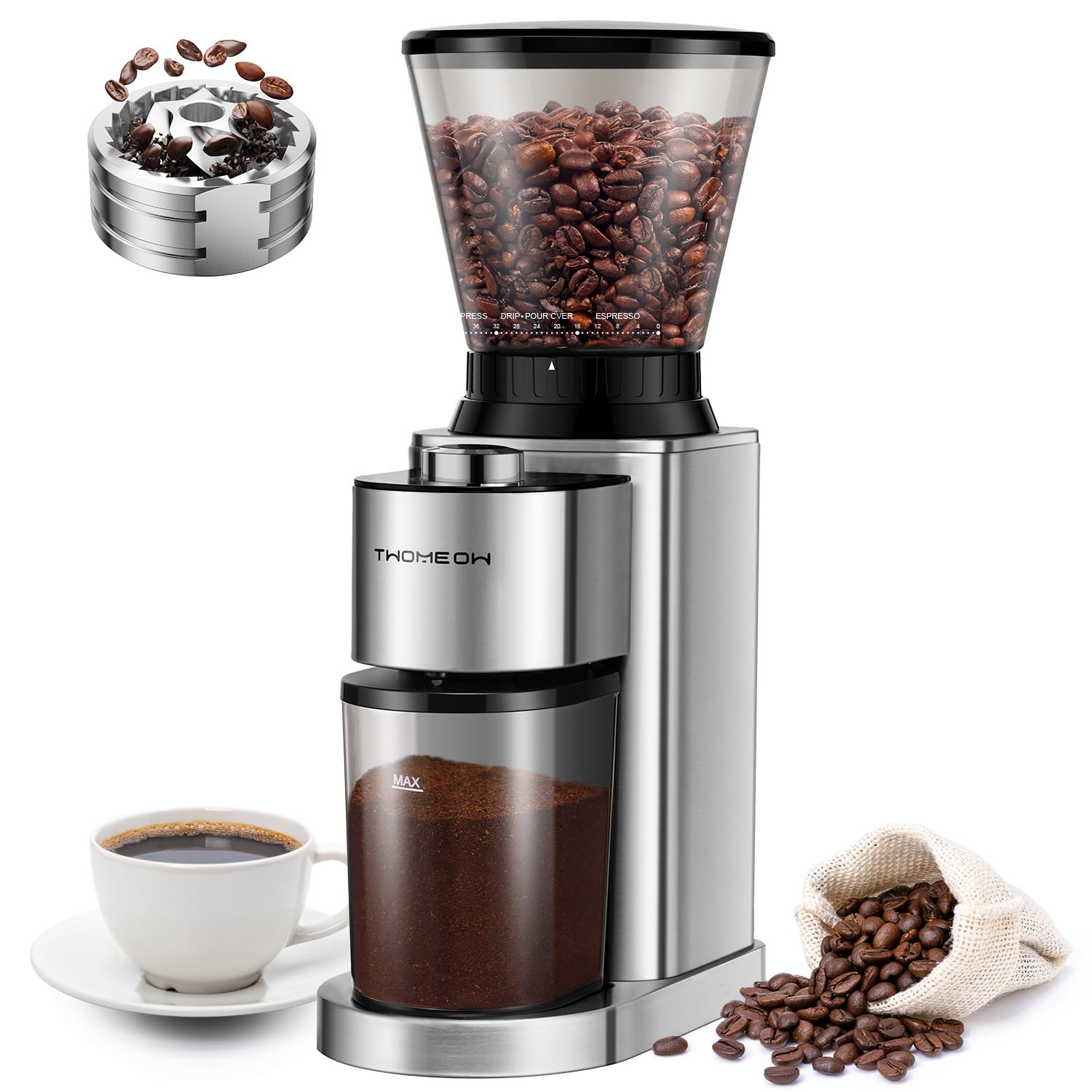 Premium Electric Conical Burr Coffee Grinder - 48 Precise Grind Settings for Espresso, Drip, Pour Over, Cold Brew & French Press - Anti-Static Stainless Steel Design - Perfect for Home Baristas & Coffee Enthusiasts - Ideal for Morning Brews, Entertaining Guests & Specialty Coffee Preparation
