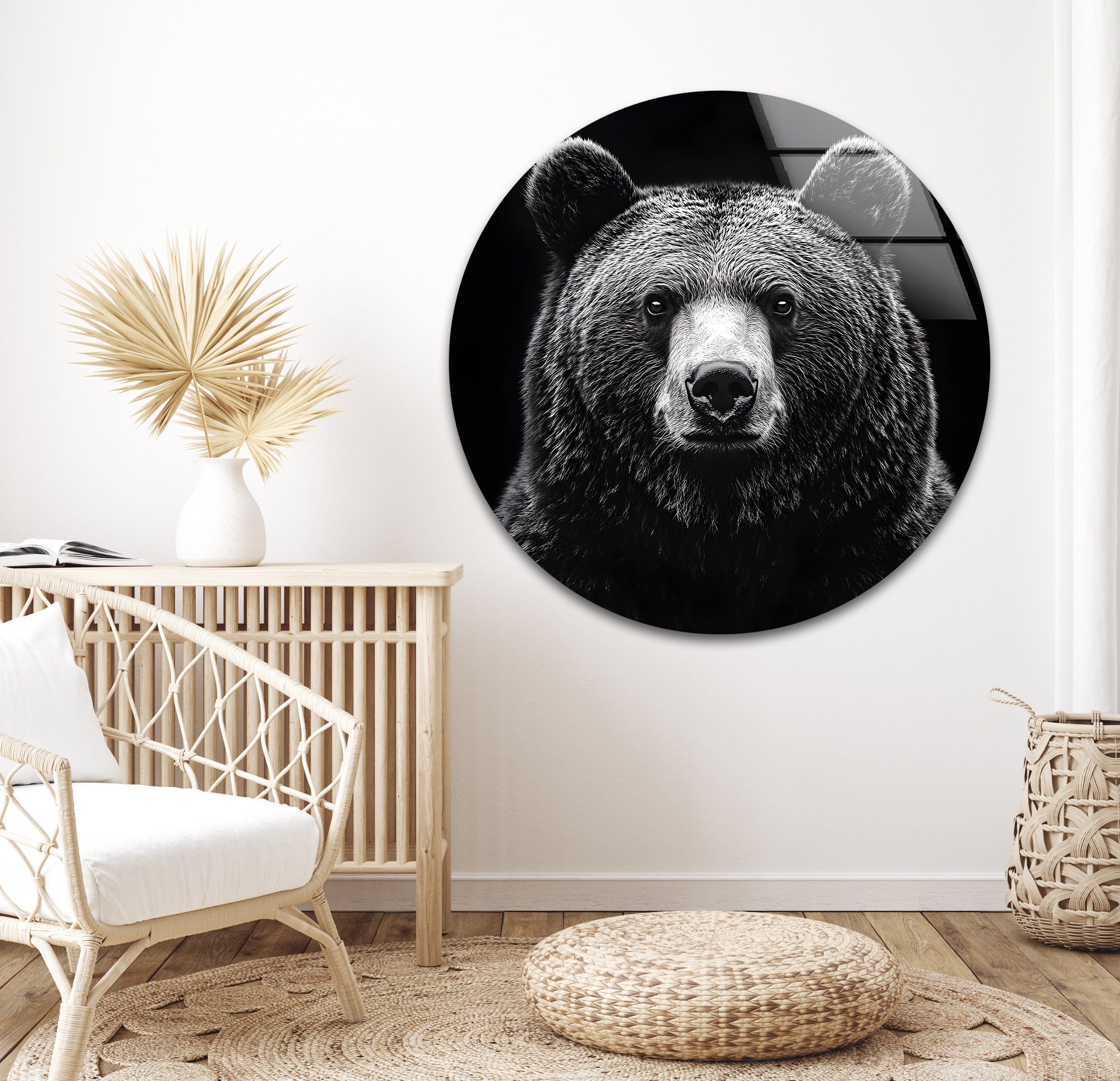 Black and White Bear Wall Art - Modern Animal Design on Glass for Living Room, Bedroom & Office Decor