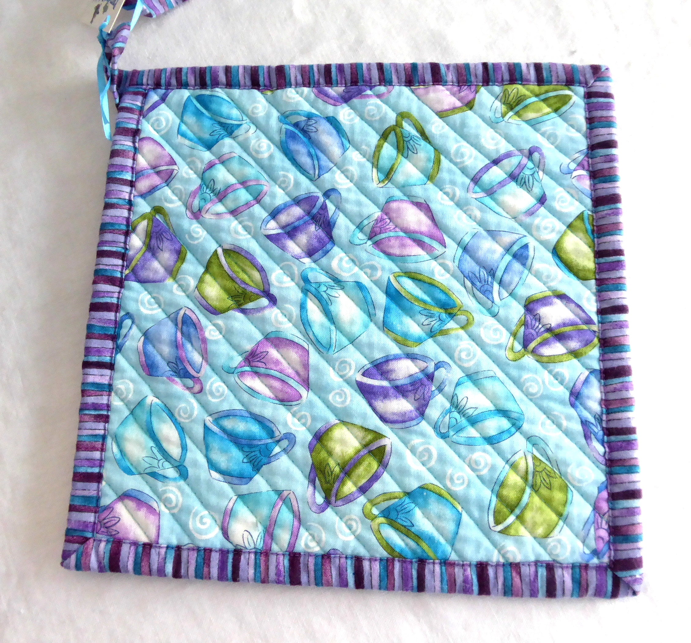 Handmade Purple Aqua Teapot and Teacup Set with Padded Potholders - Supports Animal Charity | Perfect for Afternoon Tea, Gift Giving, and Kitchen Decor