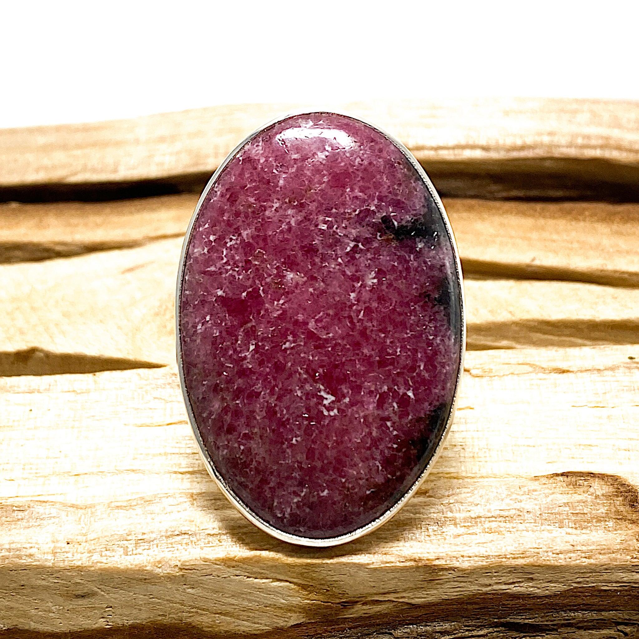 Natural Rhodonite Large Oval Ring with Handmade Beaten Band - Size 7.5 - KRGJ696 - Perfect for Spiritual Healing, Meditation & Boho Fashion Jewelry