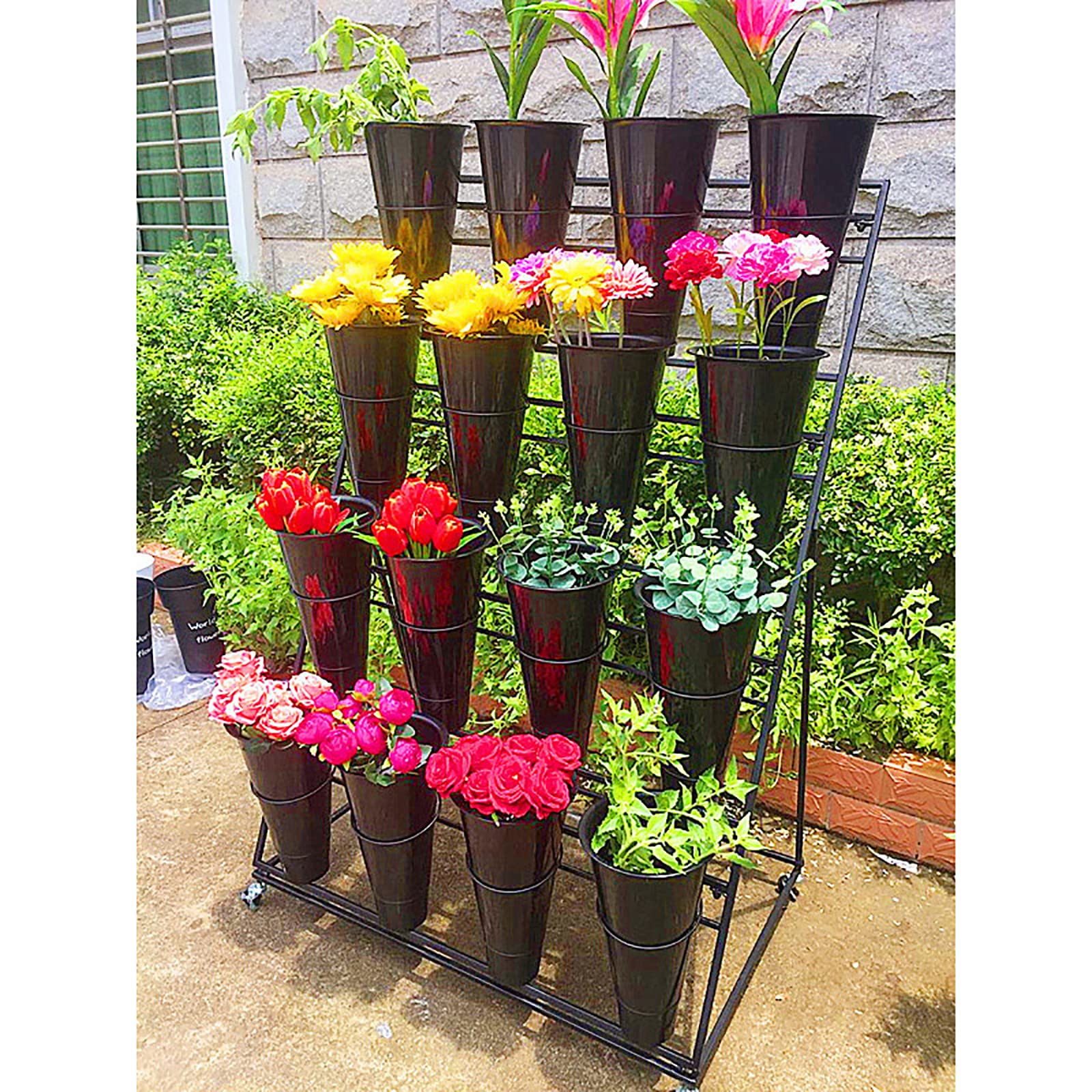 U&Q 3-Tier Metal Plant Stand with Wheels - Modern Indoor Outdoor Flower Display Shelf with Buckets for Home, Patio, Balcony - Black 100x50x110cm (39x20x43in) - Perfect for Decorating Living Rooms, Gardens & Office Spaces