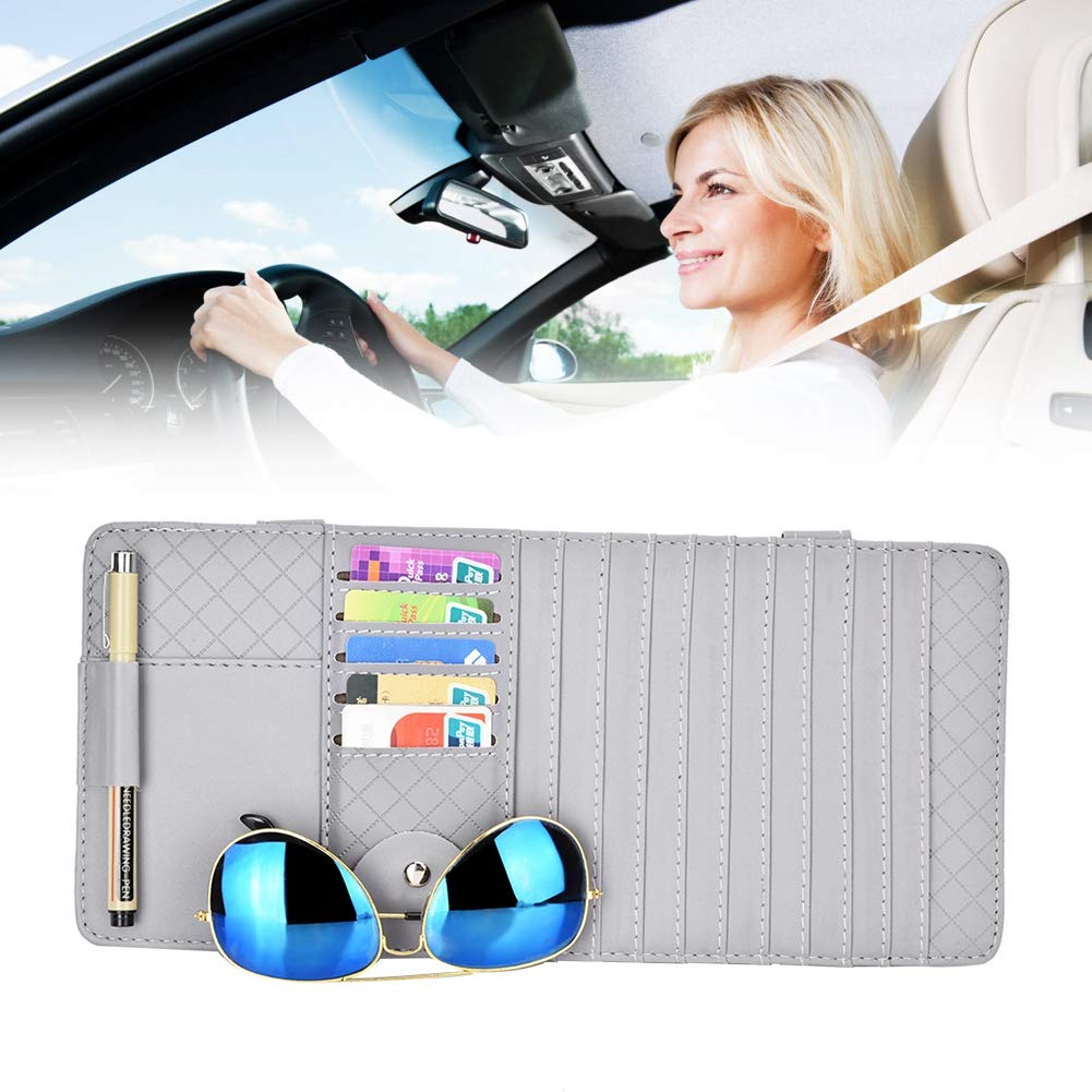 Universal PU Leather Car Sun Visor Organizer - CD/DVD/Glasses/Driving License Holder with Silver Finish | Perfect for Road Trips, Commuting & Vehicle Organization
