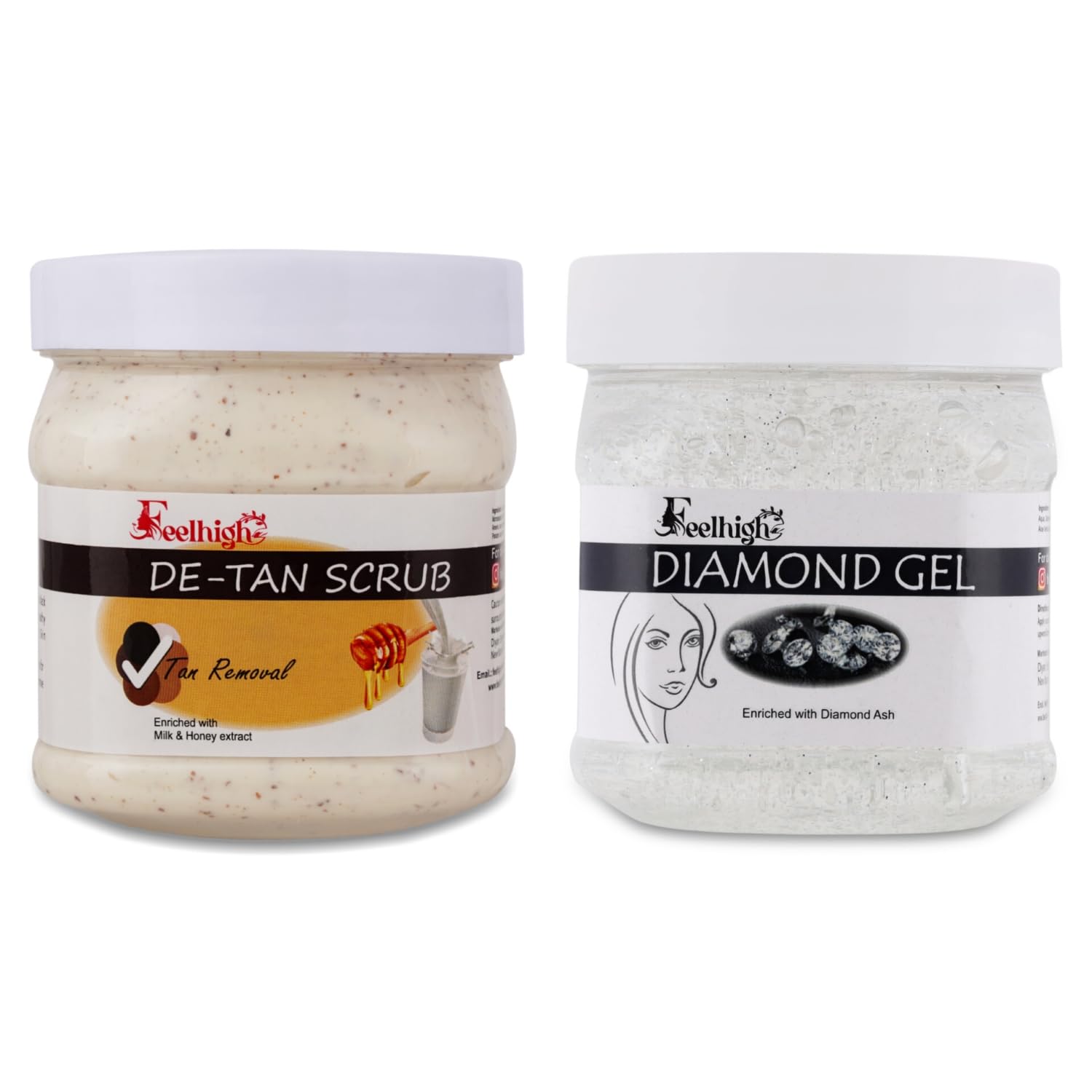 Feelhigh Face & Body Detan Scrub with Milk & Honey for Tan Removal (500ml) & Diamond Gel with Diamond Ash for Skin Purification (500ml) - Skincare Set for Men & Women | Exfoliating & Brightening for Daily Glow