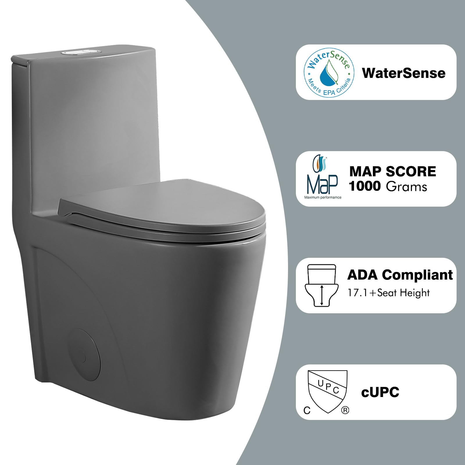 **Elongated One-Piece Toilet – 1.1/1.6 GPF Dual Flush, 1000g MAP, Soft-Close Seat, 17