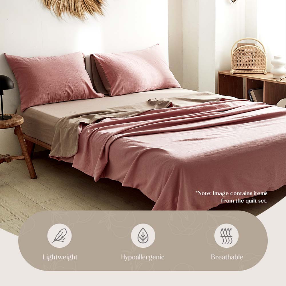 Luxury Washed Cotton Sheet Set - Soft & Breathable, Pink & Brown, Double Size - Perfect for Cozy Bedrooms & Guest Rooms