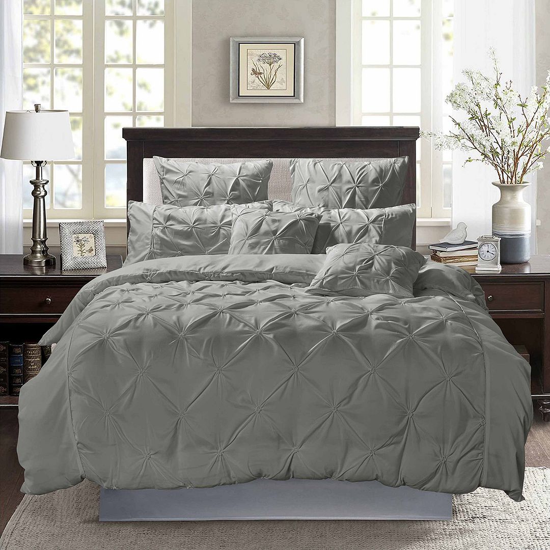 Luxury Diamond Pintuck Double Size Grey Duvet Cover Set - Soft Bedding for Master Bedroom & Guest Room - Perfect for All Seasons