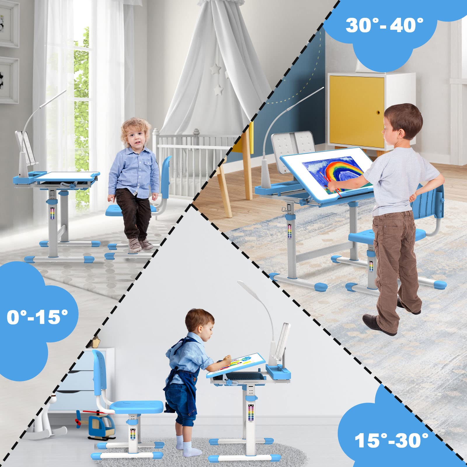 BELANITAS Adjustable Kids Desk and Chair Set - Ergonomic Study Desk with 3-Level Lighting, 40° Tiltable Tabletop & Height Adjustable for Children - Perfect Back to School Gift (Blue) - Ideal for Homework, Drawing & Online Learning at Home