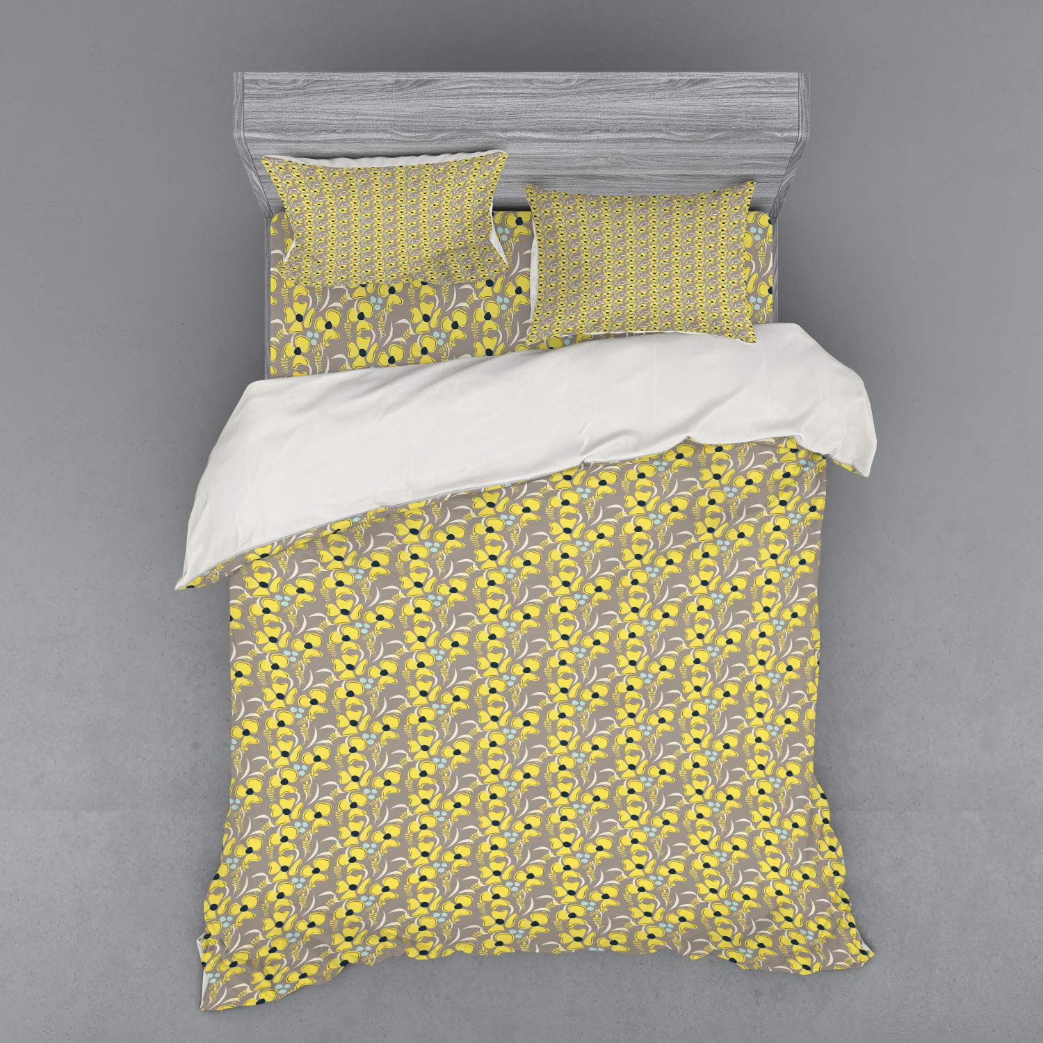 Ambesonne Taupe Duvet Cover Set - Romantic Meadow Floral Design 4-Piece Queen Bedding Set with Shams & Fitted Sheet in Indigo Yellow Taupe | Perfect for Spring Bedroom Decor & Feminine Home Styling