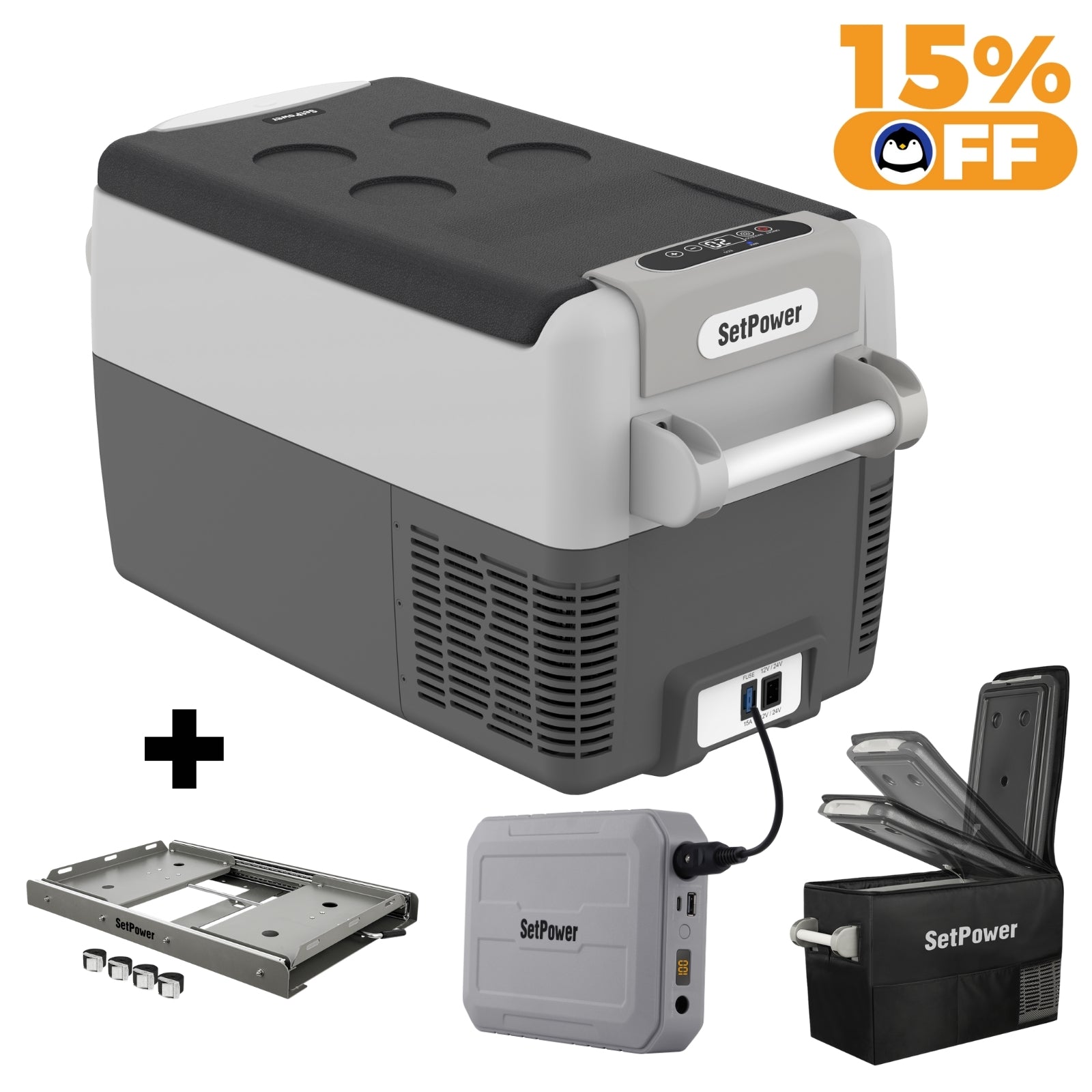 Setpower AJ30 12V Portable Car Refrigerator - 32Qt Compact Freezer for Semi Truck & Heavy Duty Vehicles - Perfect for Road Trips, Camping & RV Travel