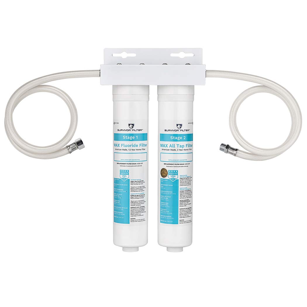 Survivor Filter Max 2-Stage Fluoride & Chlorine Removal Inline Water Filter System - WQA Certified for Clean Drinking Water | Perfect for Home, RV, and Emergency Preparedness
