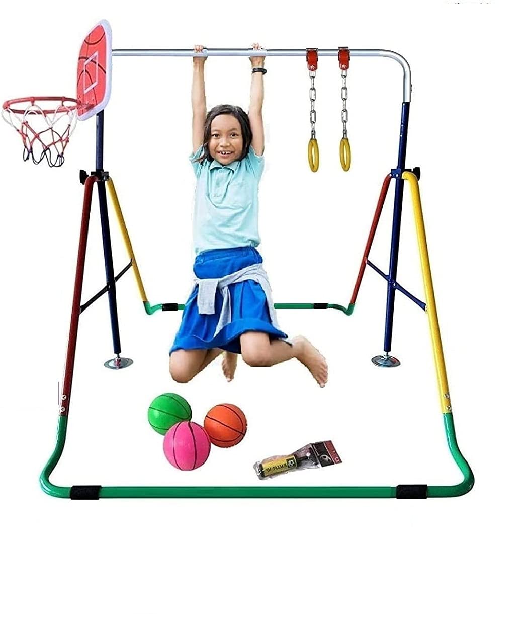 4-in-1 Adjustable Height Gymnastic Bars for Kids - Folding Kip Bar with Swing Seat, 2 Trapeze Rings & Basketball Hoop | Home Gym Equipment for Indoor/Outdoor Play | Junior Horizontal Monkey Bars for Backyard, Playroom & Gymnastics Training