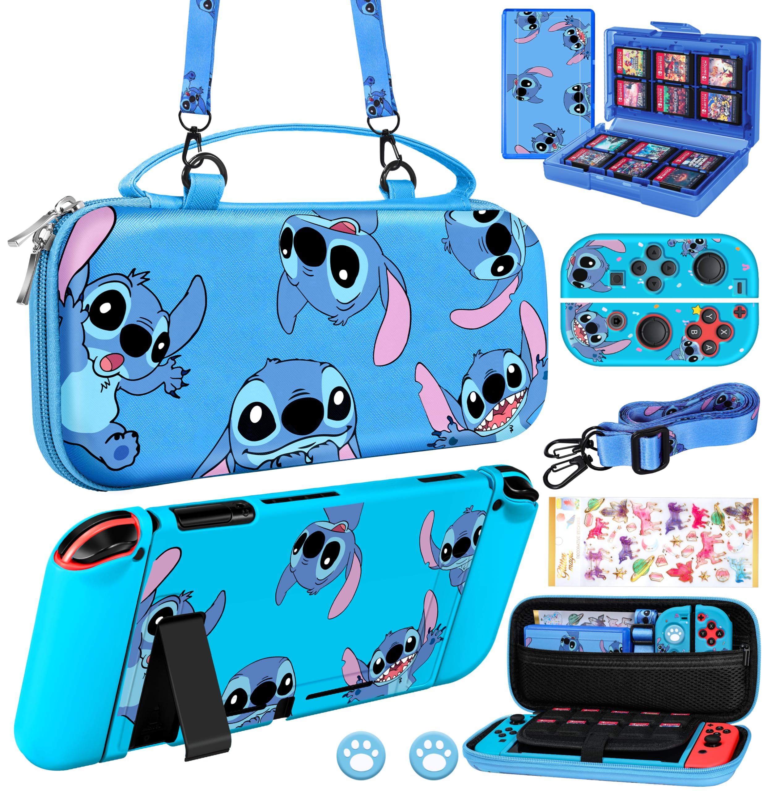 Nintendo Switch 9-in-1 Accessories Kit with Travel Case, Protective Cover, Game Holder, Strap, Stickers & Joycon Shells - Perfect for Kids & Travel | Cute Stit Design for Boys & Girls