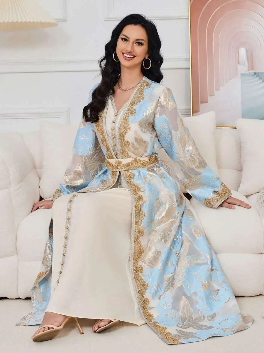 2 Piece Set Women's Elegant Eid Caftan Dress with Inner Sleeveless Lining - Perfect for Eid Celebrations, Ramadan Outfits & Special Occasions