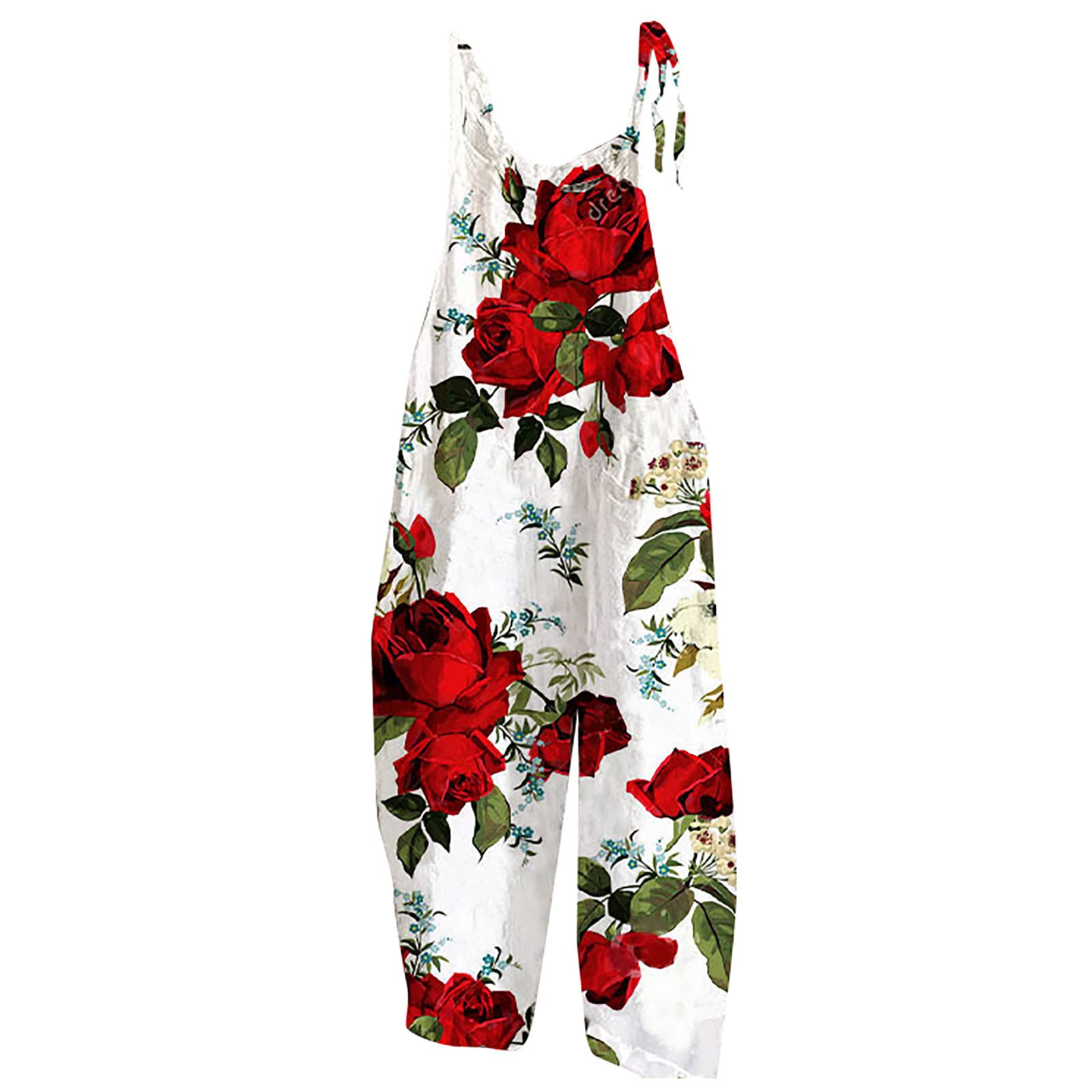Women's Floral Cotton Jumpsuit - Sleeveless Spaghetti Strap Romper with Tie Waist | Casual Summer Outfit, Beach Cover-Up, or Date Night Dress
