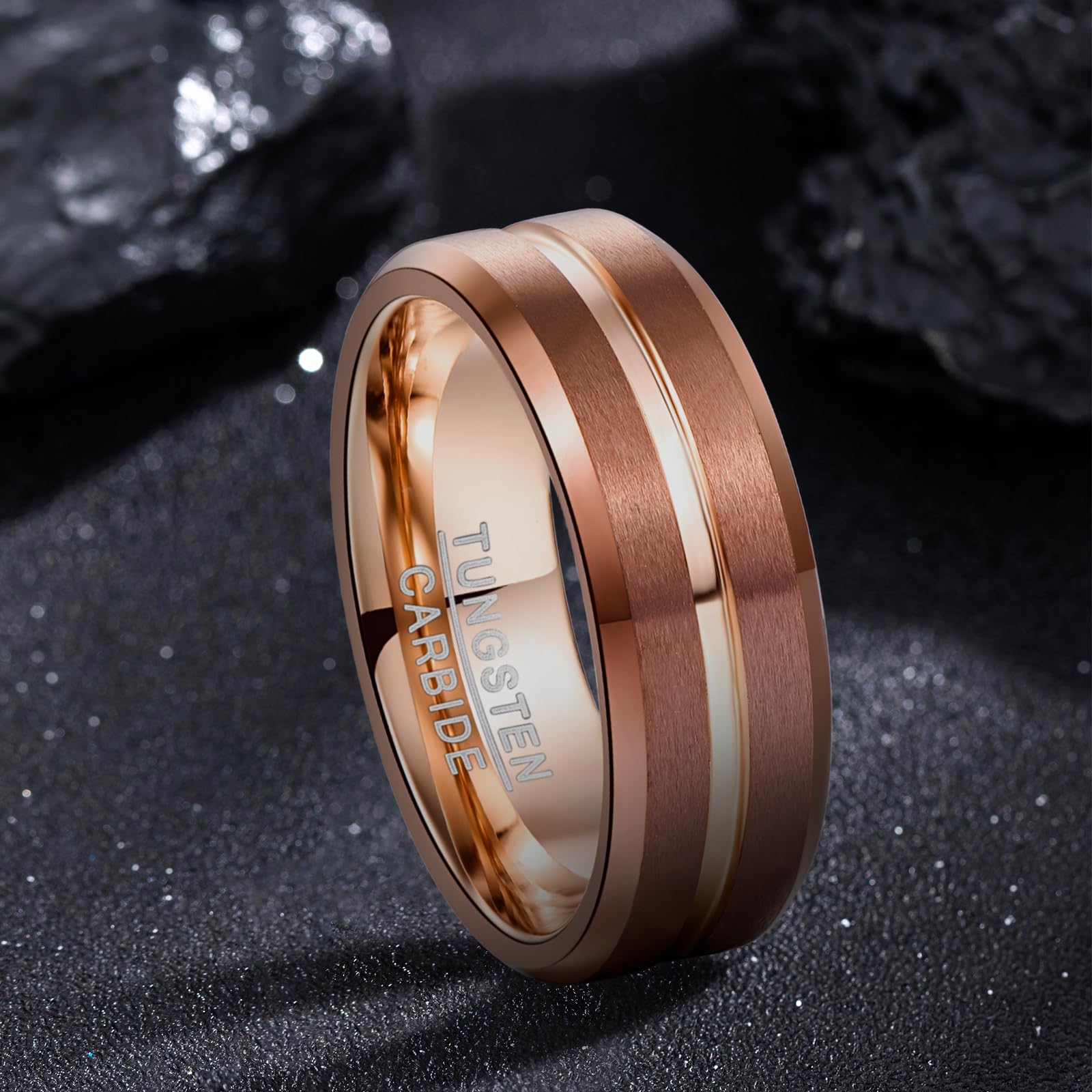 Tungsten Rings for Men - 8mm Rose Gold & Blue Grooved Wedding Band, Two Tone Black/Brown/Blue, Sizes 5-14 - Durable & Scratch Resistant for Everyday Wear, Wedding, Anniversary & Special Occasions