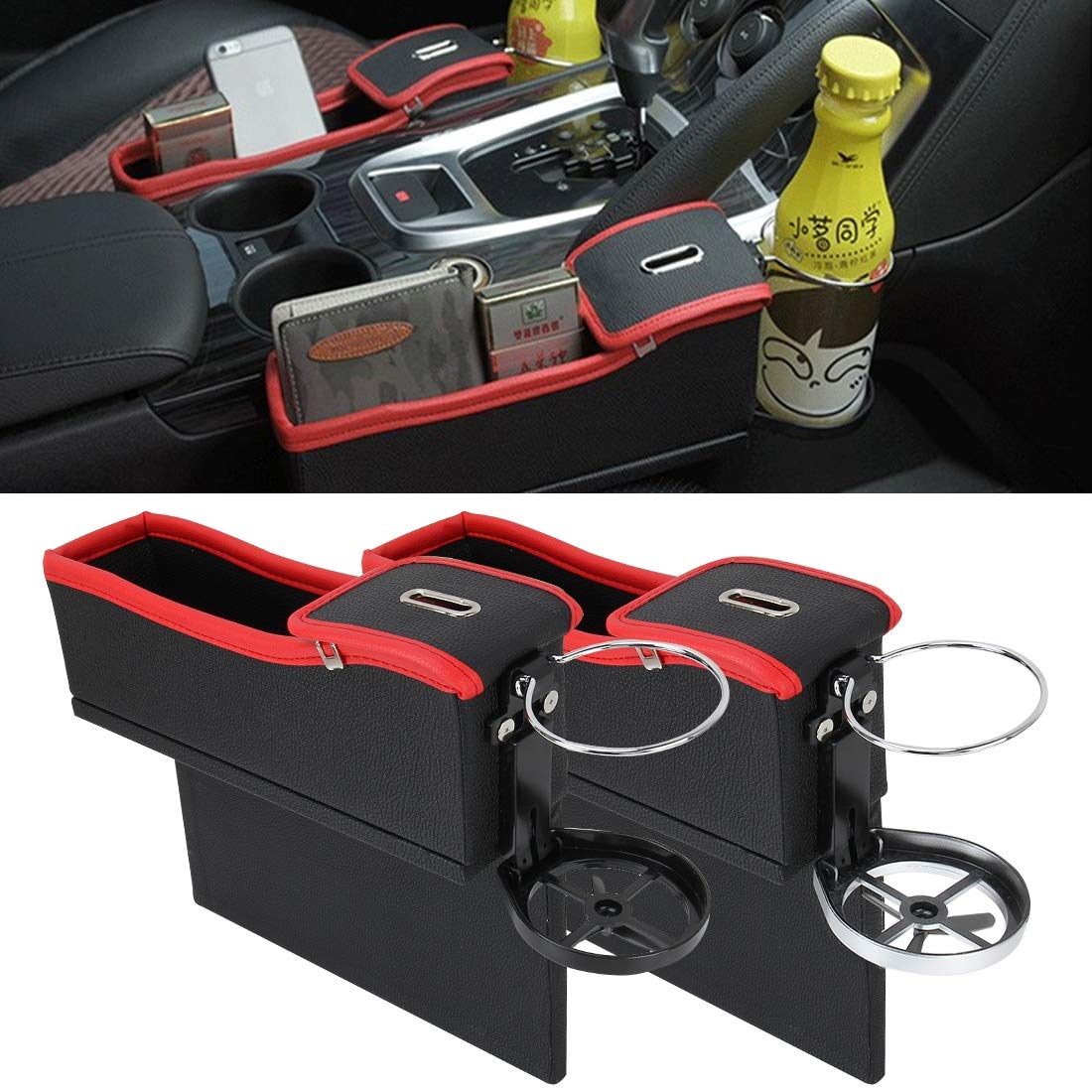 2-Pack Car Seat Gap Organizer with Cup Holder - Auto Storage Box for Phone, Tablet, Cards & Coins - Black Car Accessories for Neat & Tidy Vehicle Interior (Perfect for Road Trips & Daily Commute)