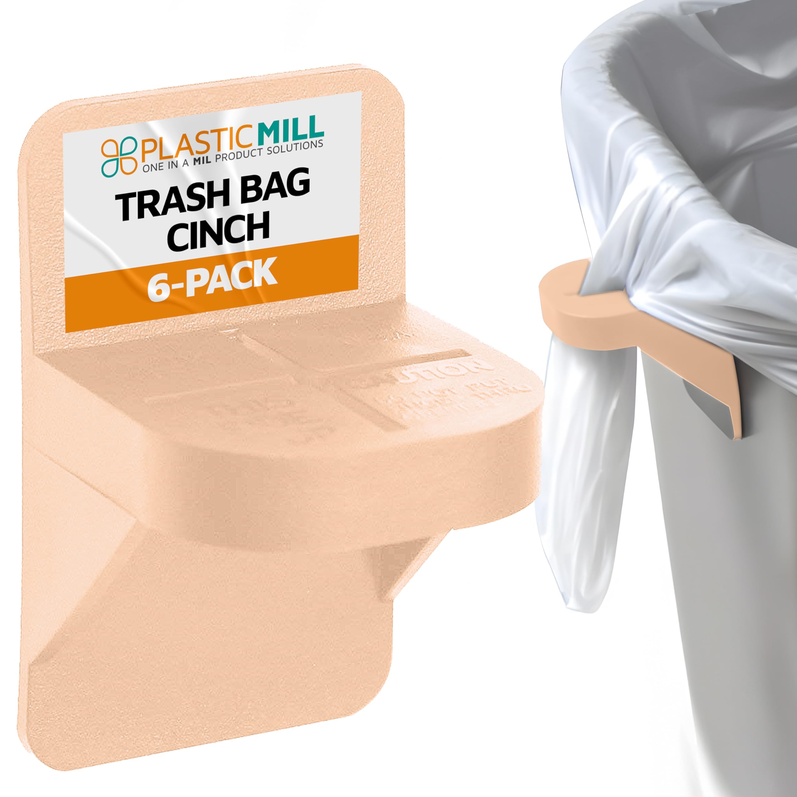 PlasticMill Trash Bag Cinch - Heavy Duty Trash Bag Holder for Kitchen, Bathroom & Office - Secure Trash Can Liner Grip to Prevent Slipping - Universal Fit for Most Standard Trash Cans (Beige, 6-Pack) - Perfect for Home, Office & Outdoor Use
