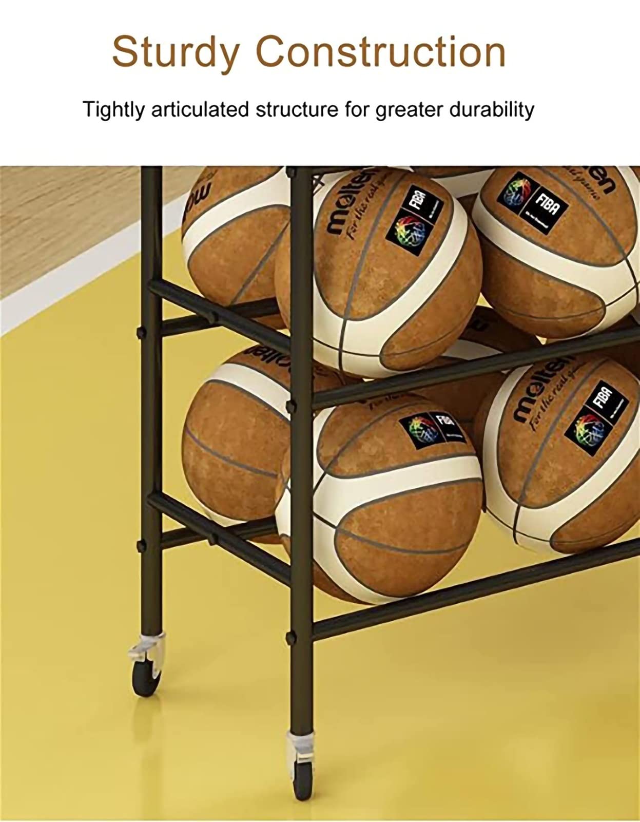 3-Tier Rolling Basketball Storage Rack - Heavy Duty Metal Sports Ball Organizer Cart for Garage, Gym or Playroom - Holds Soccer, Volleyball & Basketballs (White, 46