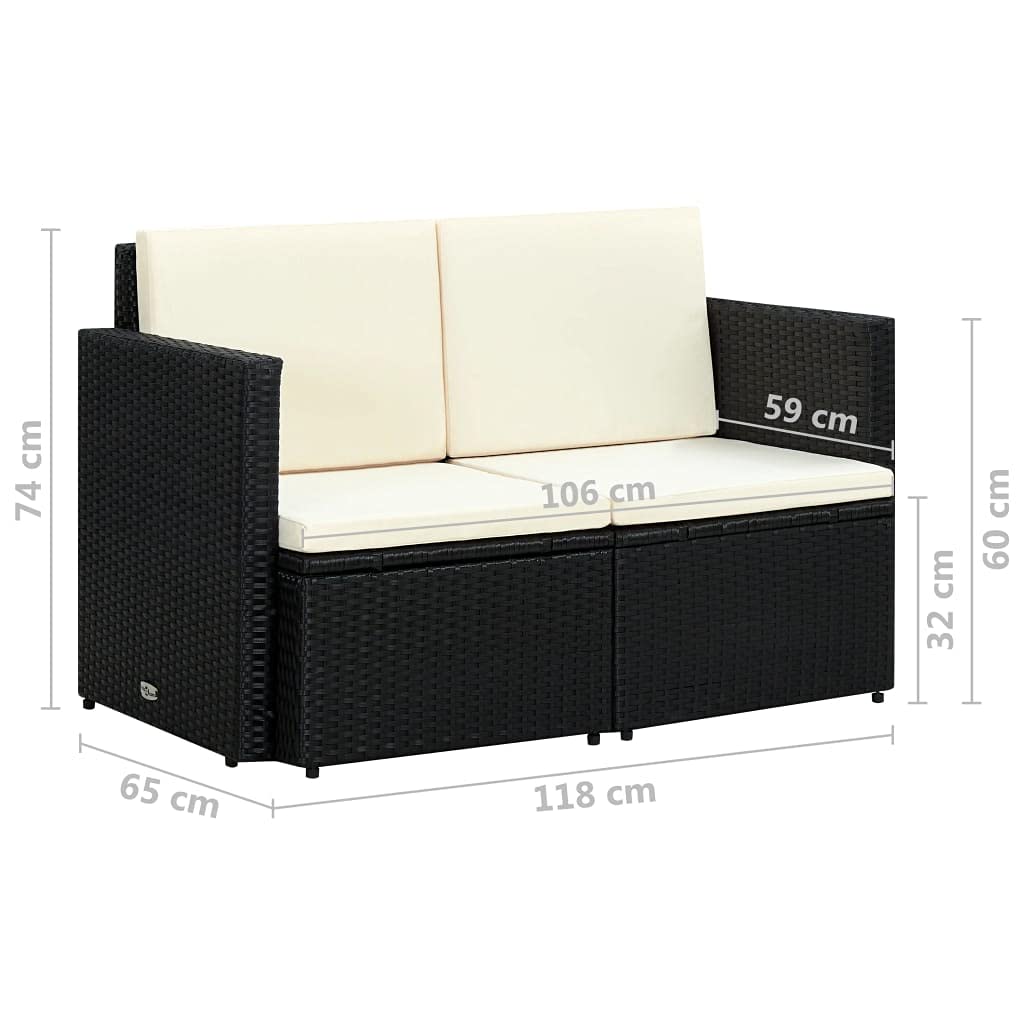 All-Weather 2-Seater PE Rattan Patio Sofa with Cushions - Outdoor Conversation Set for Garden, Terrace & Lawn - Black Wicker Furniture for Relaxing & Entertaining