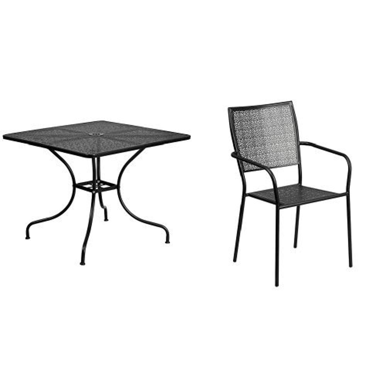 Flash Furniture 35.5'' Square Black Steel Patio Table Set with 2 Matching Chairs - Indoor Outdoor Dining Set for Backyard, Garden, Poolside & Patio