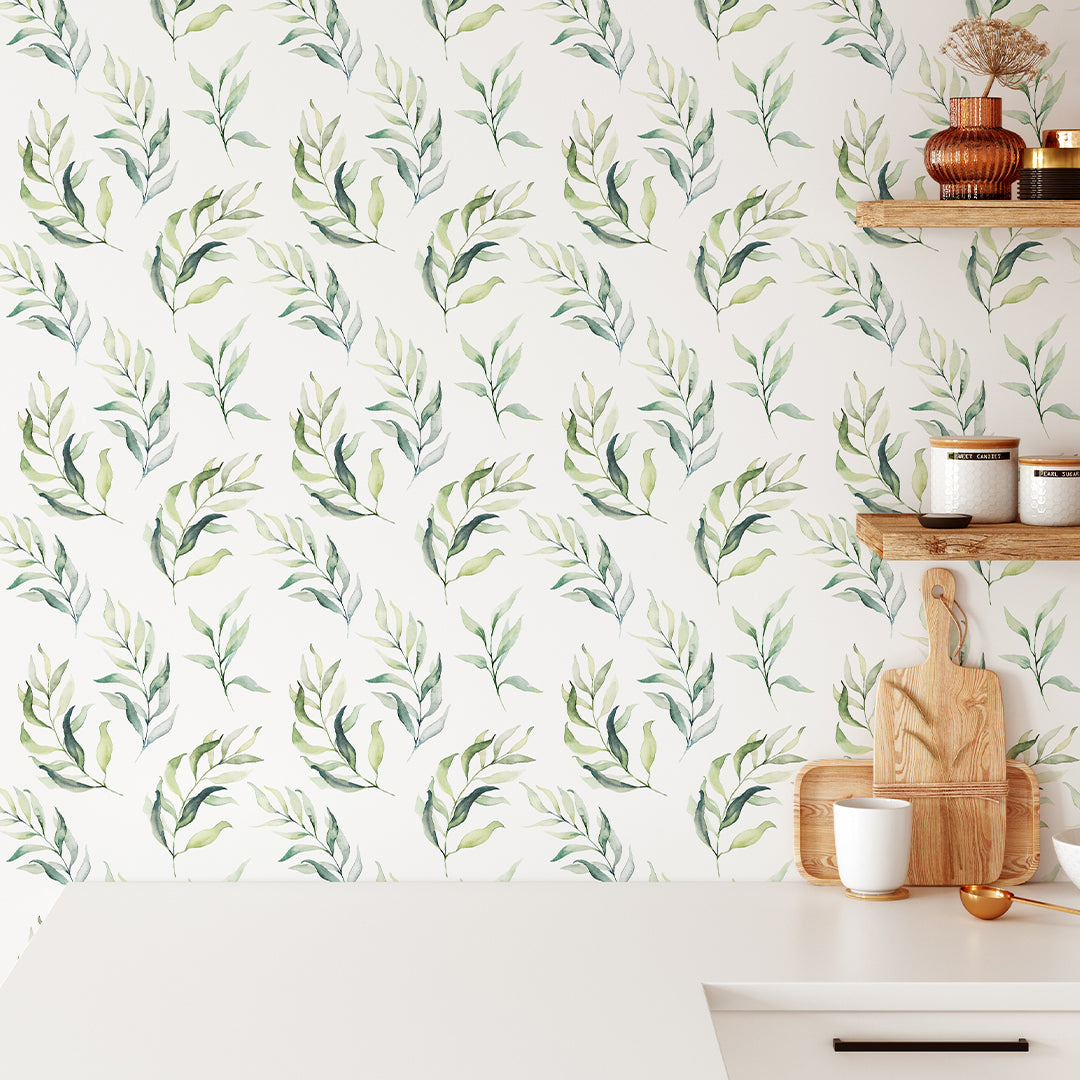 Green Eucalyptus Leaves Wallpaper CC049 - Botanical Peel and Stick Wall Mural for Bedroom, Nursery & Home Decor