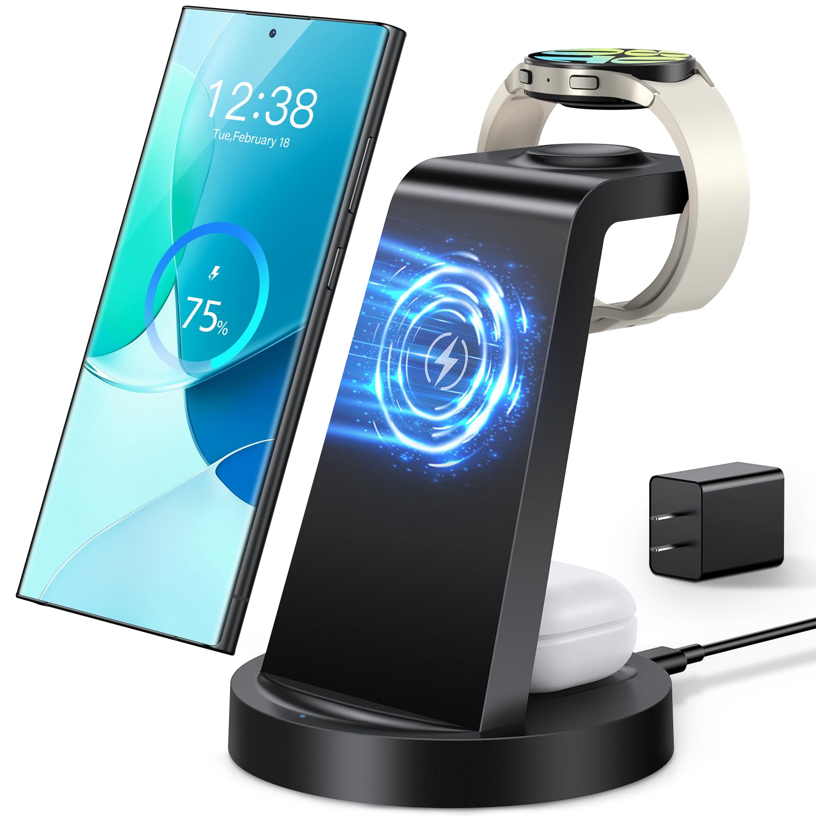 3-in-1 Wireless Charging Station for Samsung Galaxy Watch 7/6/5/4/3/Pro/Classic, Galaxy Buds & S25/S24 Ultra/S23/S22/S21/Note/Z Fold - Fast Qi-Certified Charger Dock Stand for Android Phones | Perfect for Bedside, Office & Travel Charging