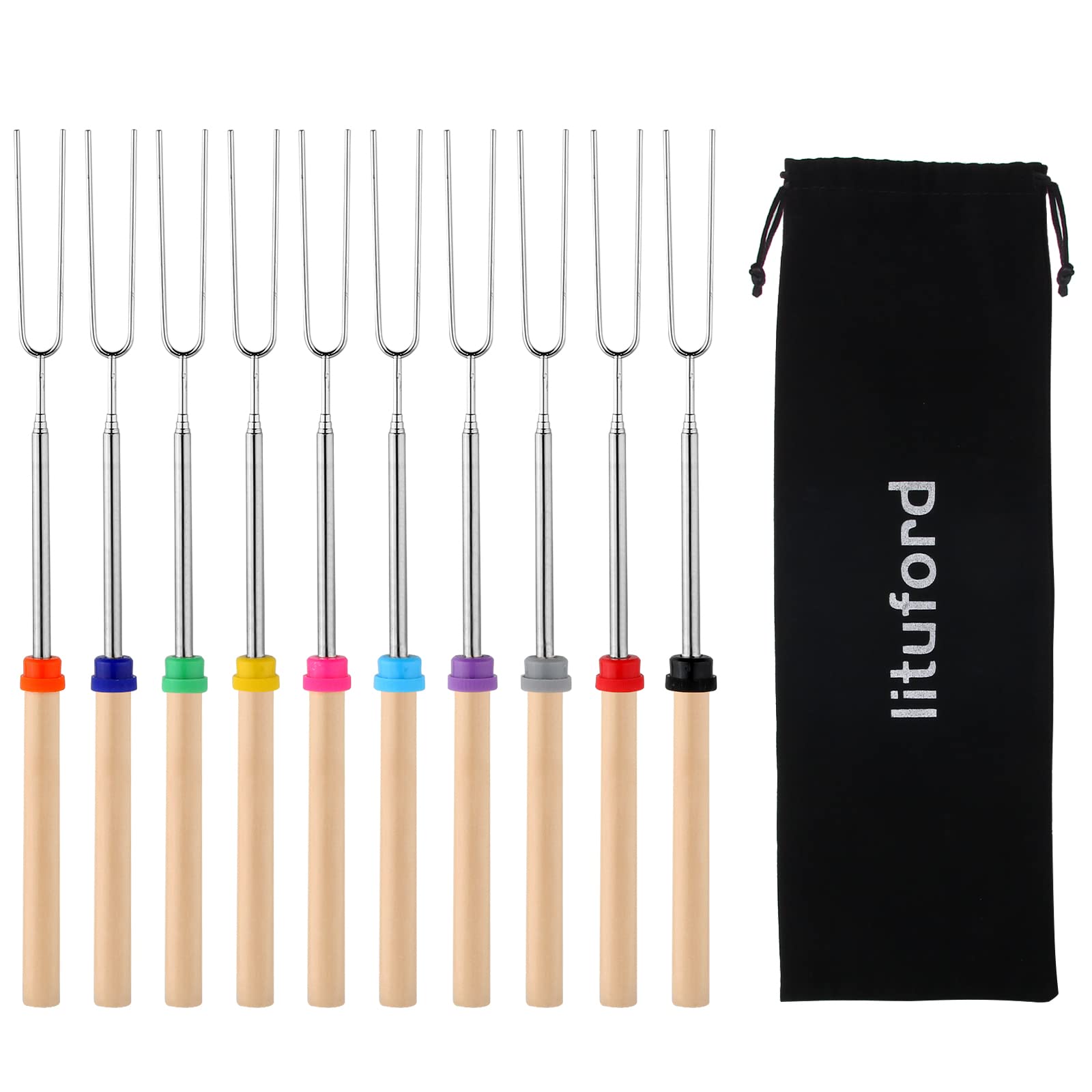 Lituford 32 Inch Extendable Telescoping Marshmallow Roasting Sticks - Campfire Smores Kit for Fire Pit, BBQ & Grilling - Perfect for Backyard Camping, Picnics & Outdoor Adventures (10 Pack)