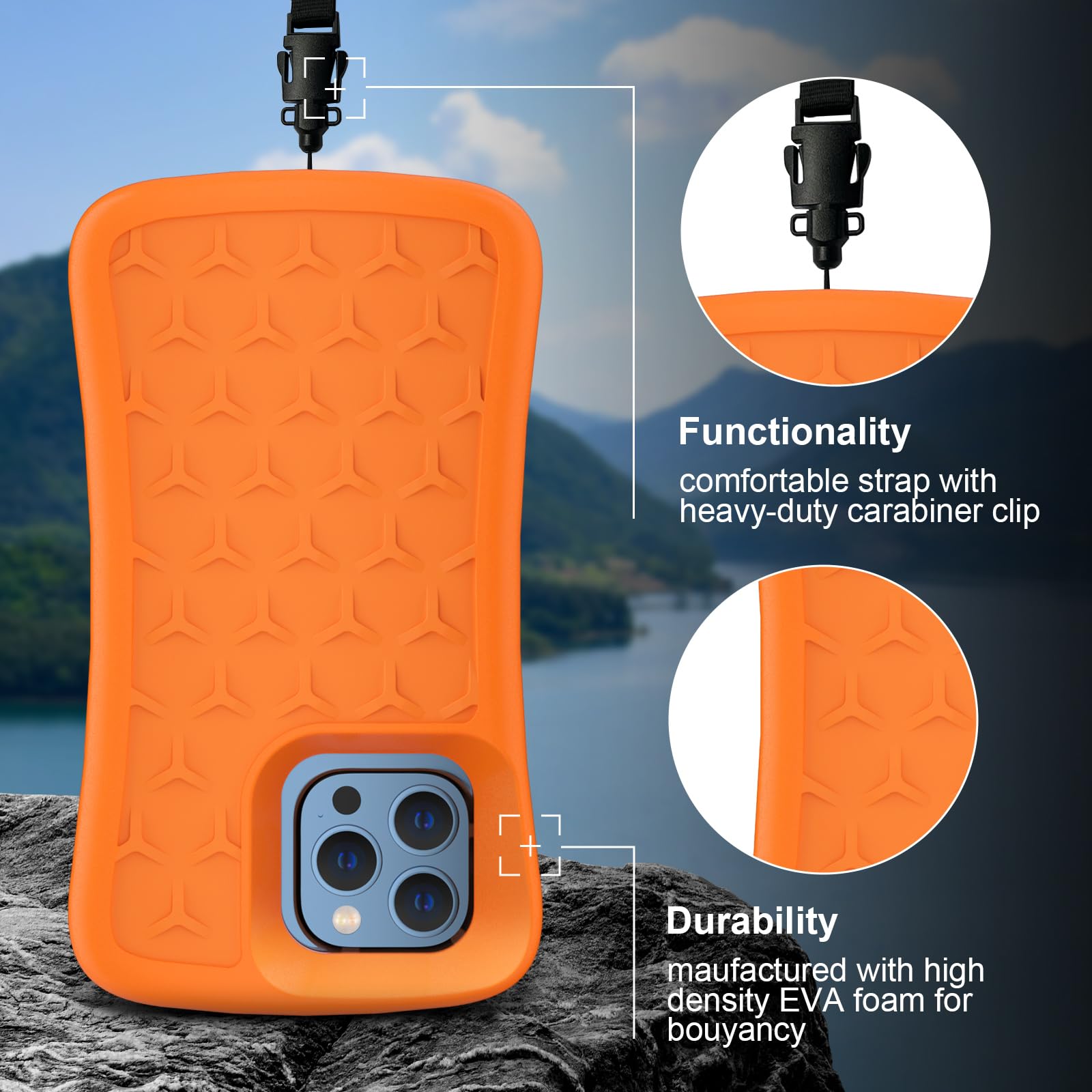 SUPFINE Floating Phone Case for iPhone 15/15 Pro/14/14 Pro/13/13 Pro/12/12 Pro - Waterproof EVA Foam Case with Dry Bag & Lanyard - 20FT Drop Protection - 6.1 Inch Orange - Perfect for Swimming, Boating, Beach & Outdoor Activities