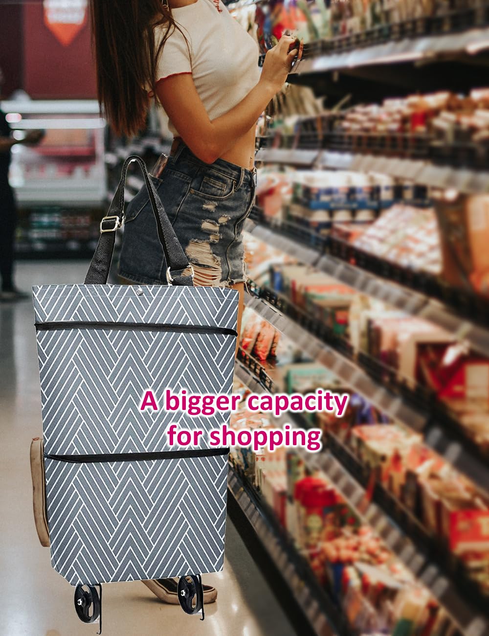 Foldable Grocery Cart with Wheels - Grey Stripe for Shopping & Market Use