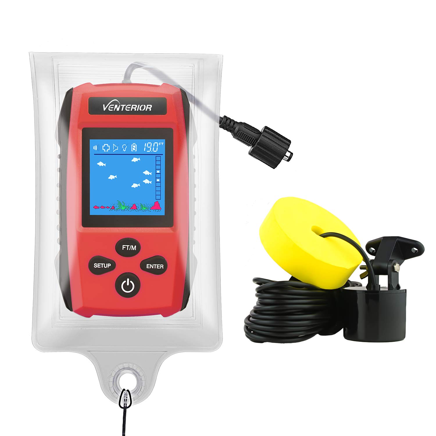Venterior Portable Fish Finder with Sonar Transducer - LCD Display Water Depth Finder - Waterproof Bag Included - Ideal for Kayak Fishing, Ice Fishing & Boat Angling