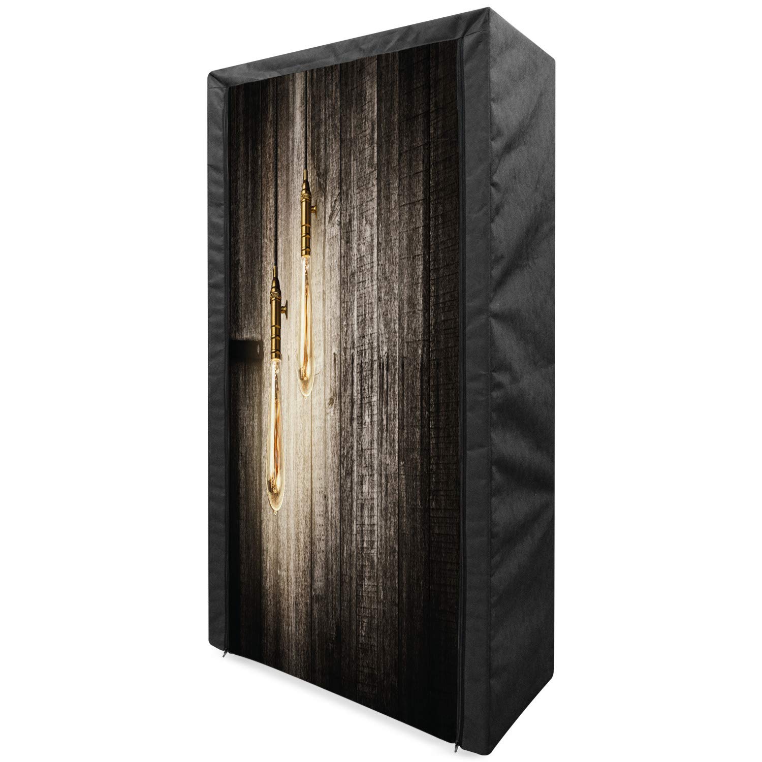 Ambesonne Industrial Portable Fabric Wardrobe - Vintage Edison Style Wooden Storage Closet with Shelves, 33.5 Inch Clothing Organizer in Pale Yellow Brown | Perfect for Small Spaces, Bedrooms & Historical Themed Decor