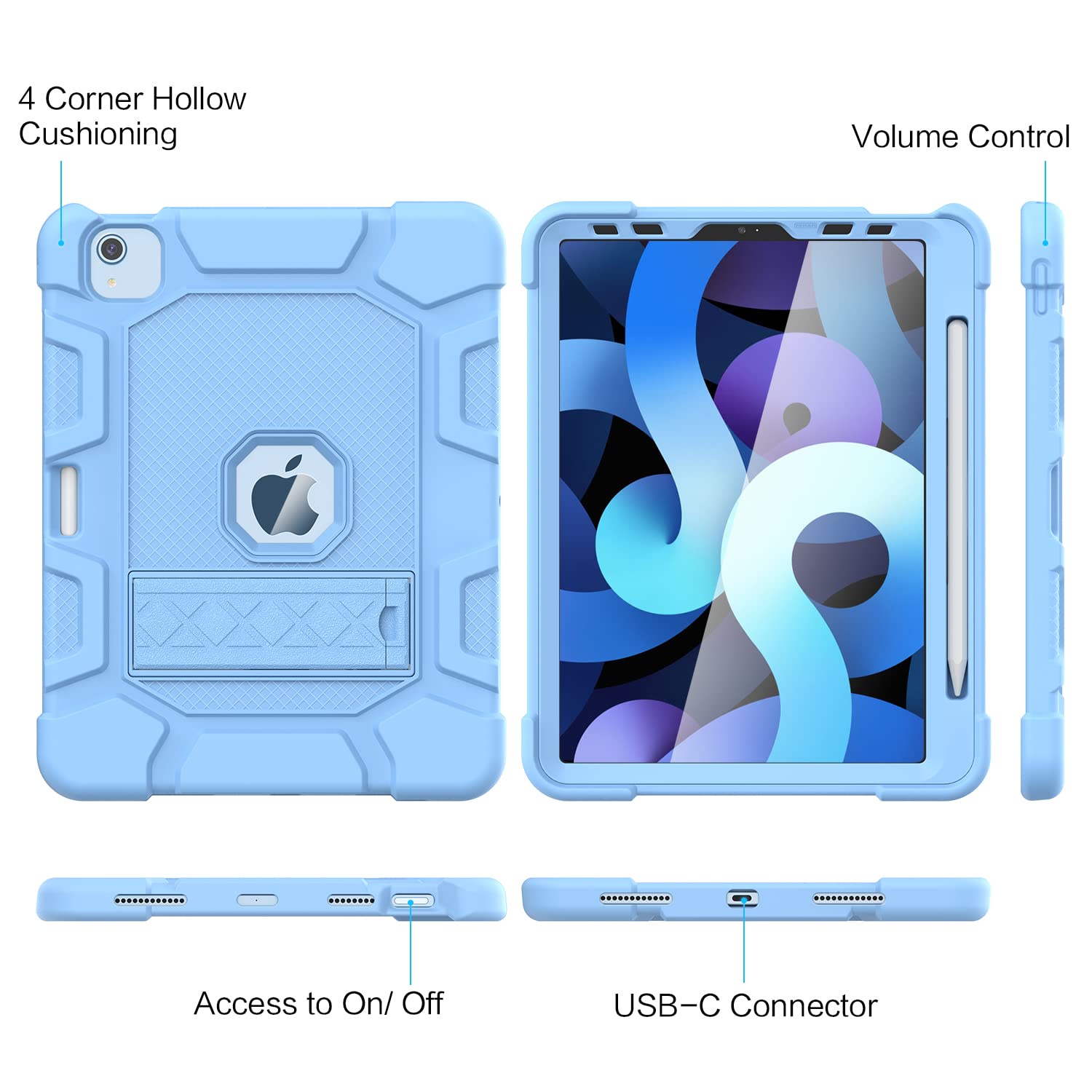 Shockproof Kids Case for iPad Air 5th/4th Gen 10.9 Inch (2022/2020) - Rugged Protective Cover with Apple Pencil 2nd Gen Charging - Sky Blue - Perfect for School, Travel & Outdoor Activities
